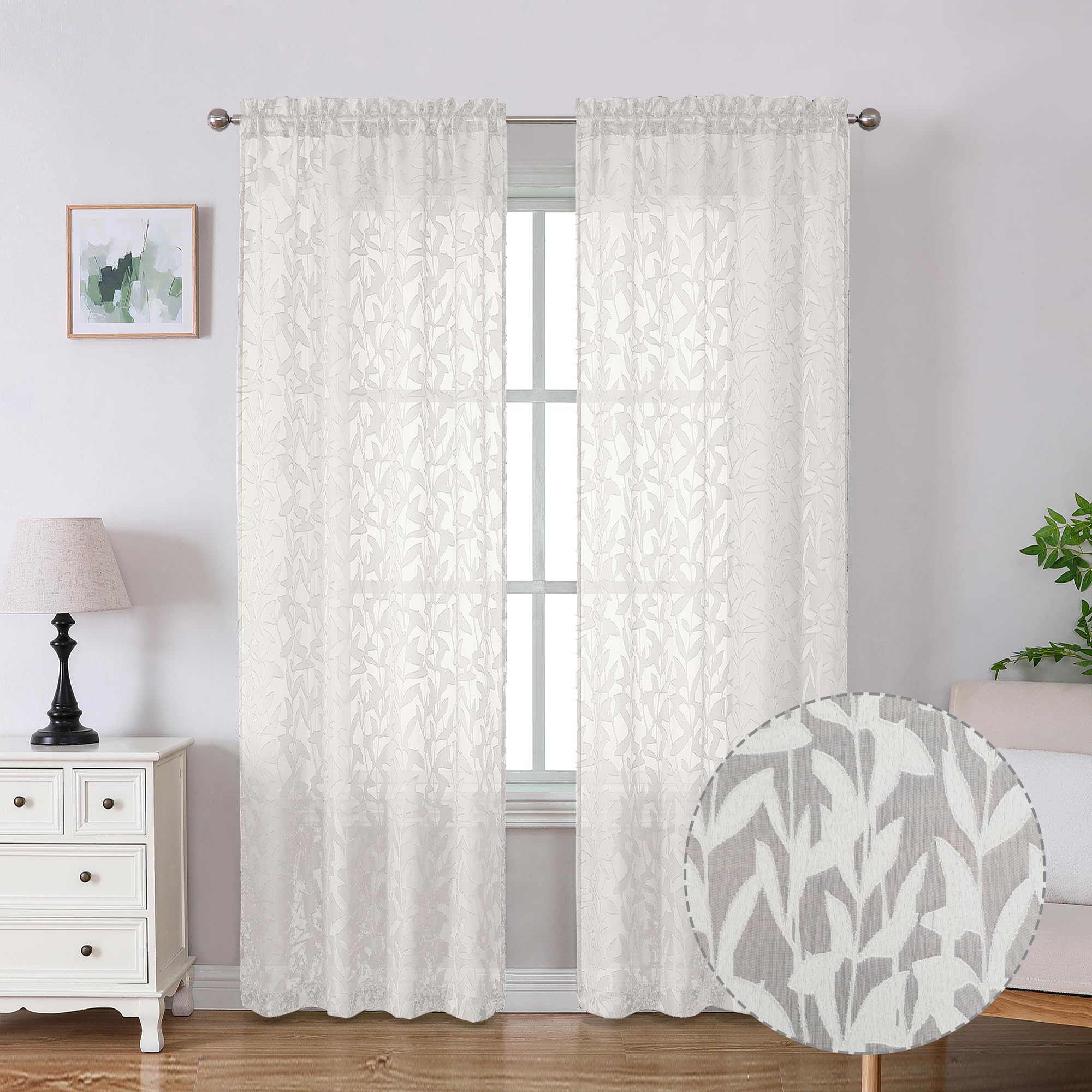 Lecloud Leia Texture Semi Sheer Ivory Curtains 84 Inches Long 2 Panels, Jacquard Clip Double Rod Pockets Kitchen Window Curtain with Leaf, Airy Durable Gauzy Drapes for Bedroom, 40 W x 84 L