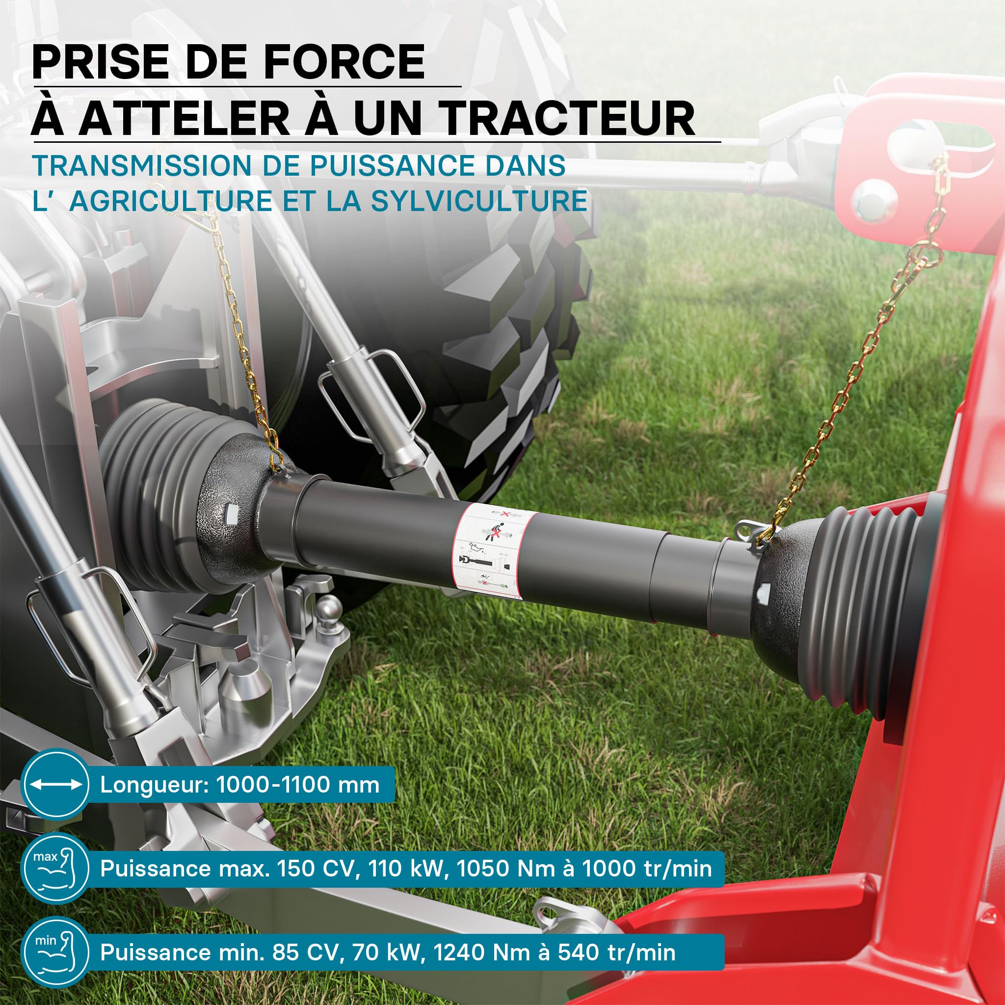 WilTec Arbre de Transmission T8 Cardan 1000-1100mm 1240Nm 540 TR/Min 110kW (150CV) 2X 1 3/8" 6 Dents