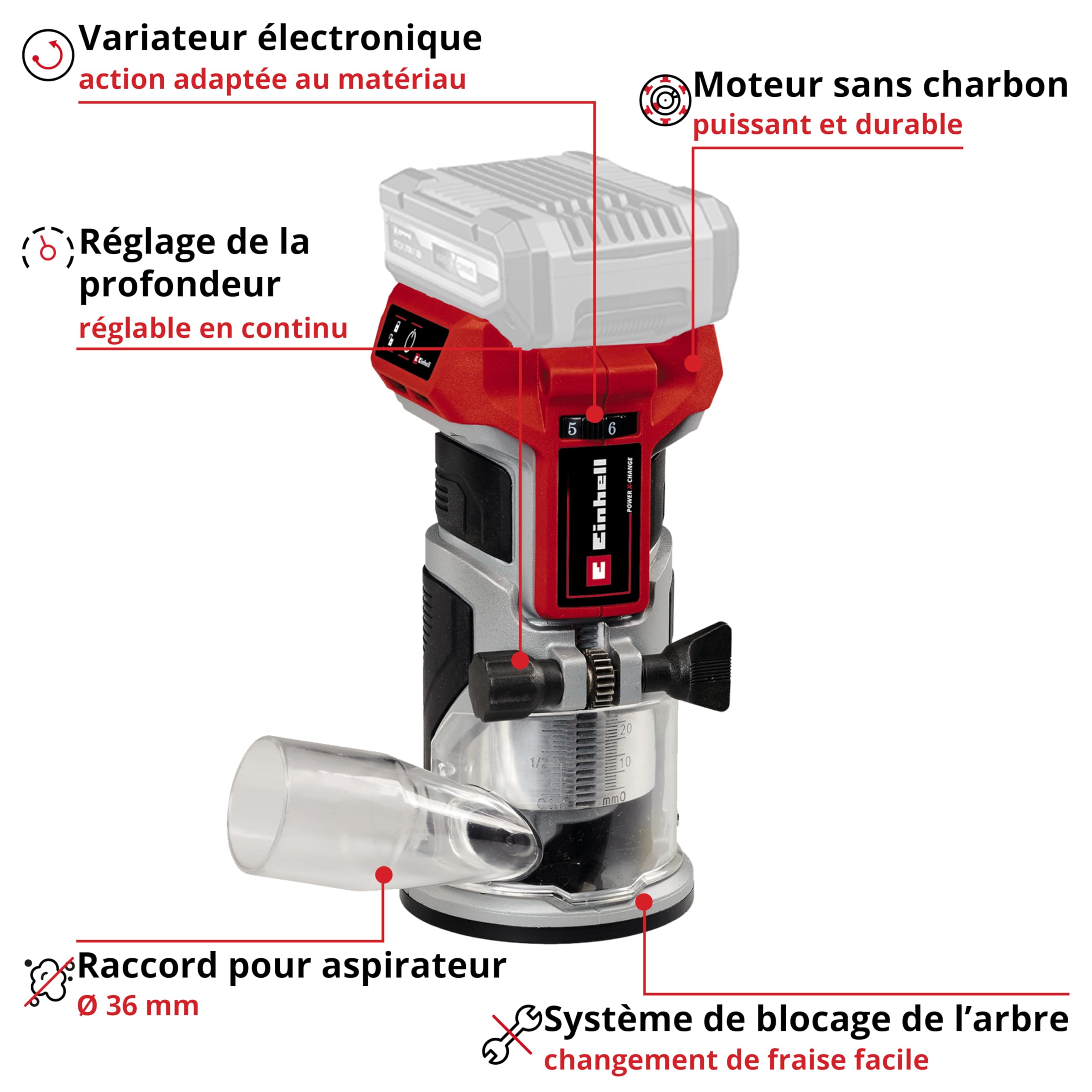 Einhell Professional Affleureuse sans fil TP-ET 18 Li BL-Solo | PXC | 18 V | course 40 mm | moteur Brushless | Ø 6 et 8 mm | guide parallèle | LED | accessoires | sans batterie