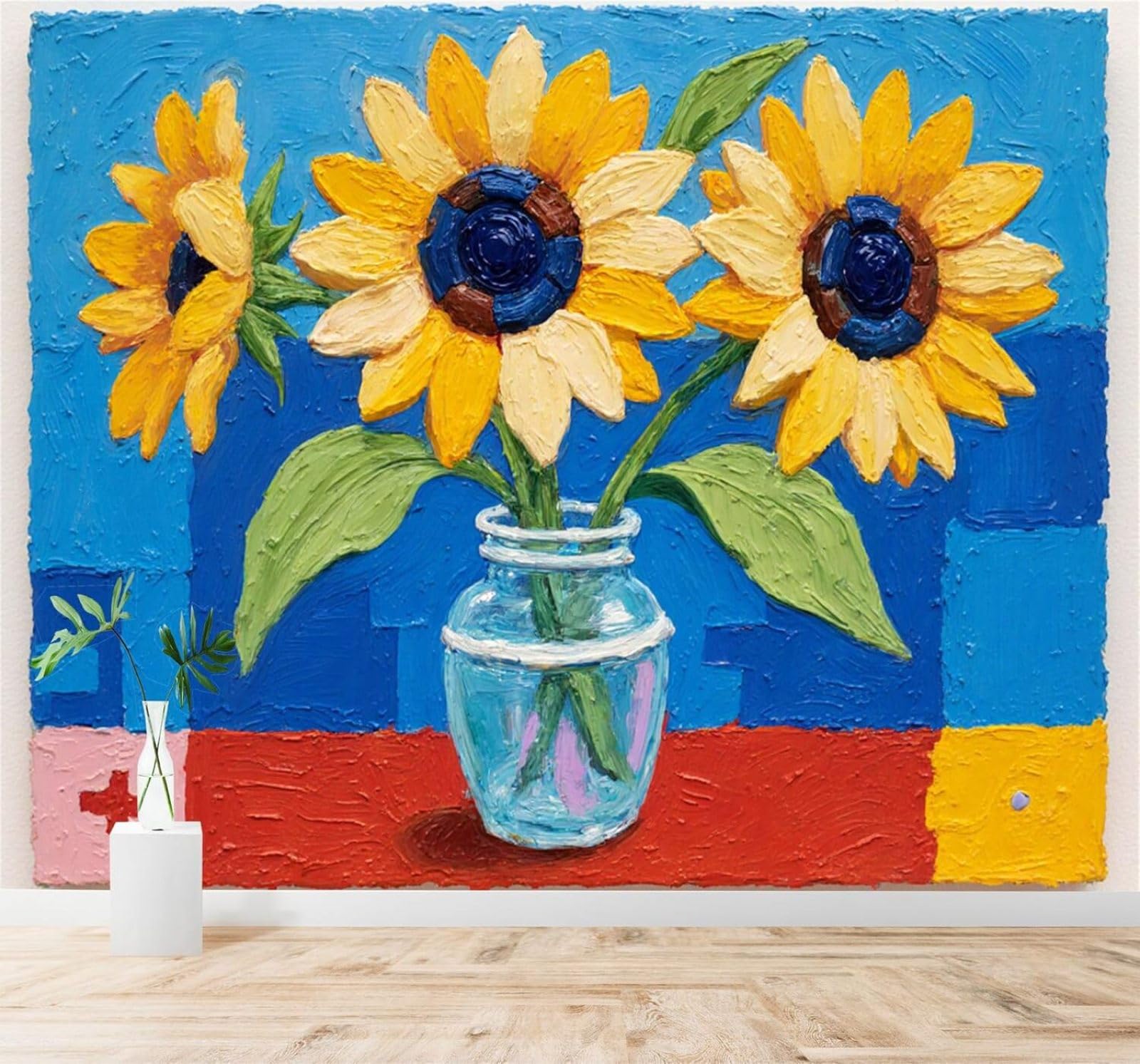 Xlming 350Cm×256Cm(B×H) Glass Vase Sunflowers Abstract Blue And Red Geometric Texture 3D Wallpaper Silky Texture Home Study Office Grey Dining Room Sofa Bedroom Living Room Tv Backdrop-350Cm×256Cm