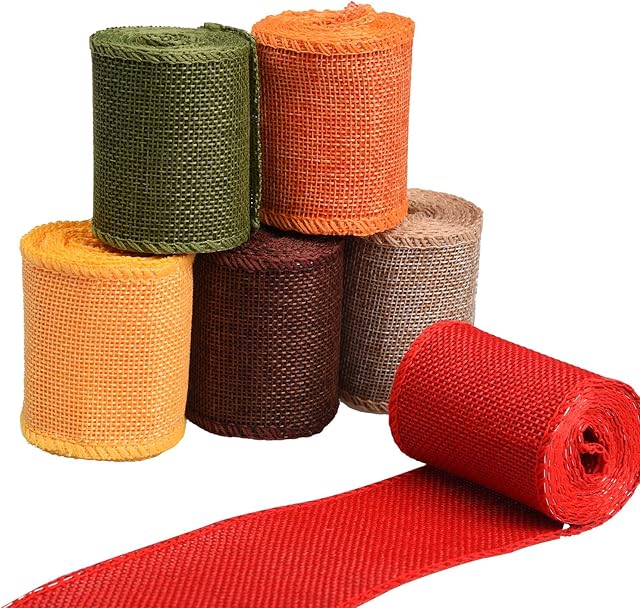 Euvoym 6 Rolls 6 Colors Christmas Burlap Ribbon Linen-Like Fabrics Ribbon Rolls Wrapping Ribbon for Gift Wrapping DIY Gift, Yellow, Orange, Green, Brown, Red