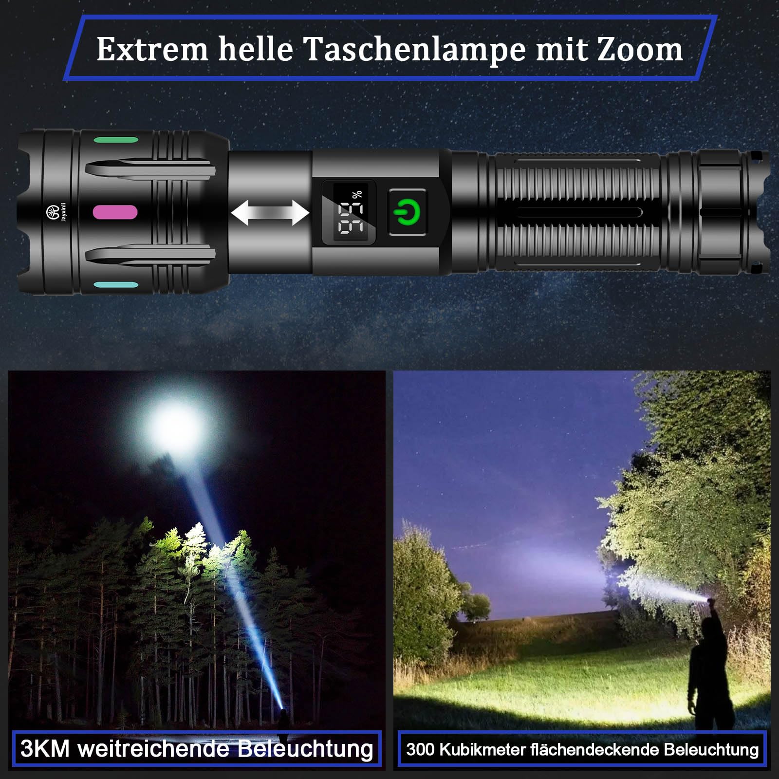 Jayxinli Zaklamp 50.000 Lumen, oplaadbaar, extreem helder, zoombaar, 5 lichtmodi, voor kamperen, wandelen met de hond, noodgevallen en dagelijks gebruik