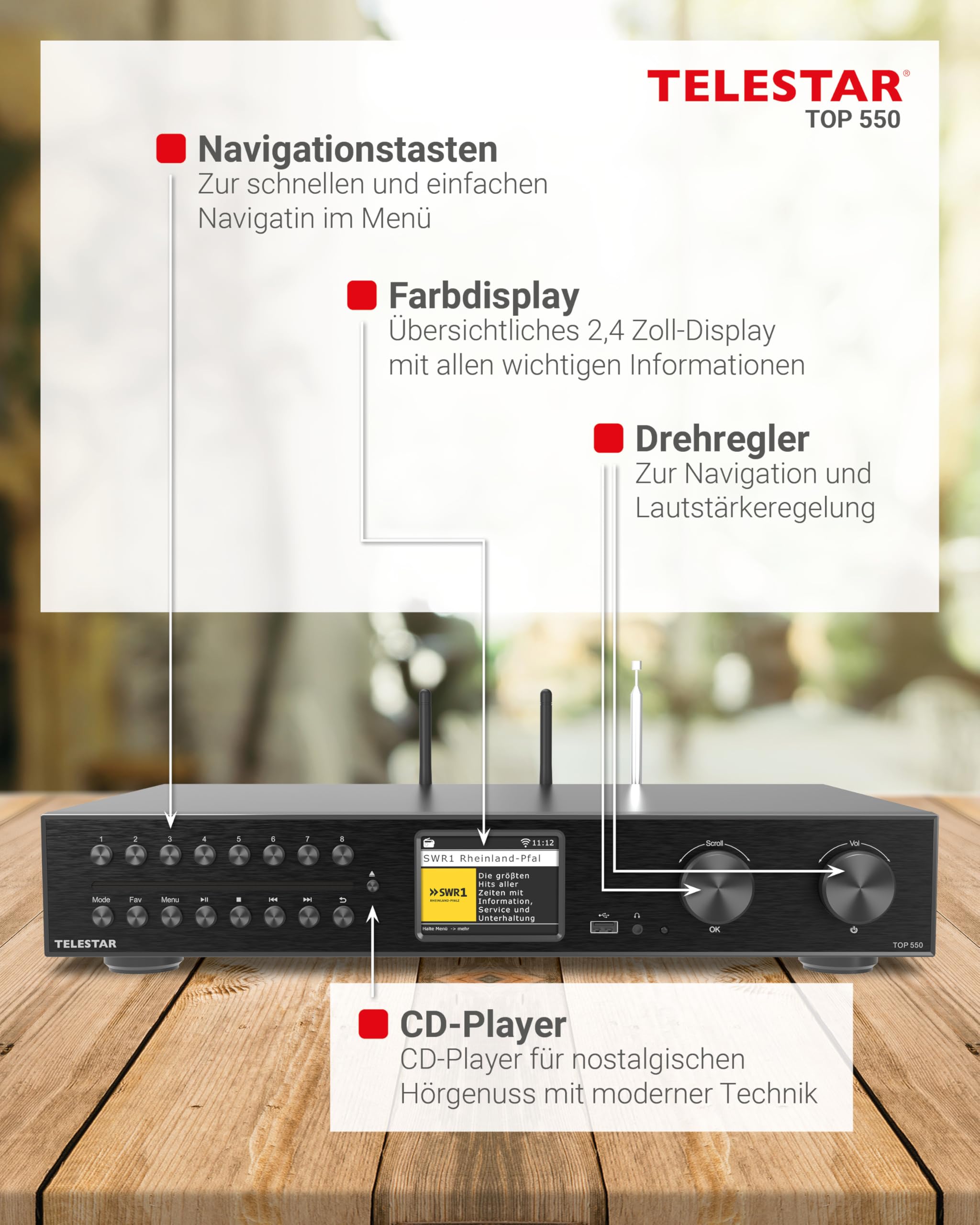 TELESTAR TOP 550 – HiFi-System mit Verstärker & CD-Player, 43 cm – Schwarz | 2 × 30 W, Internetradio/DAB+, Bluetooth Audio-Streaming & Sendefunktion, Hotelmodus, USB-Aufnahme, Streamingdienste