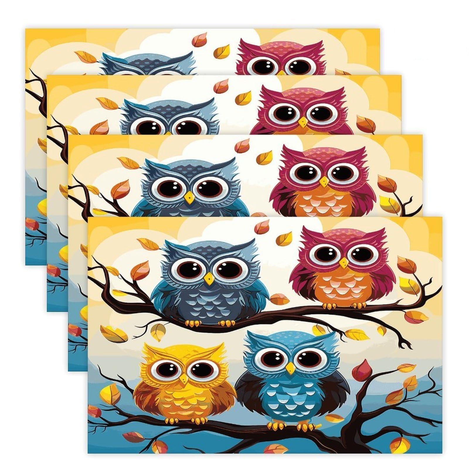 Owls on Tree Branches Placemats Heat-Resistant Washable Place Mats Anti Slip Dining Table Place Mats Wipeable Dining Table Mats Kitchen Decoration Placemats 17.7’’×11.8’’