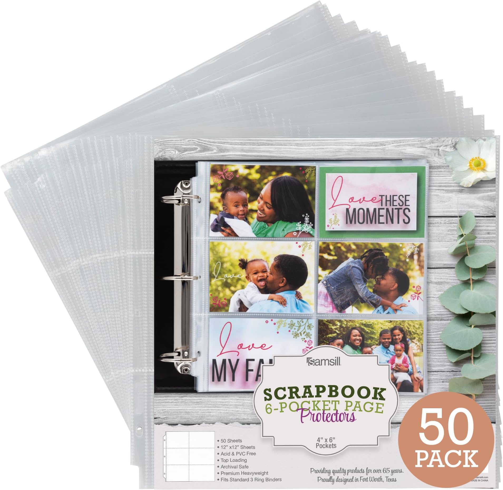 Samsill Scrapbook 6 Pocket Refill Pages 12x12 Inch, 50 Pack, Fits 3 Ring Scrapbook