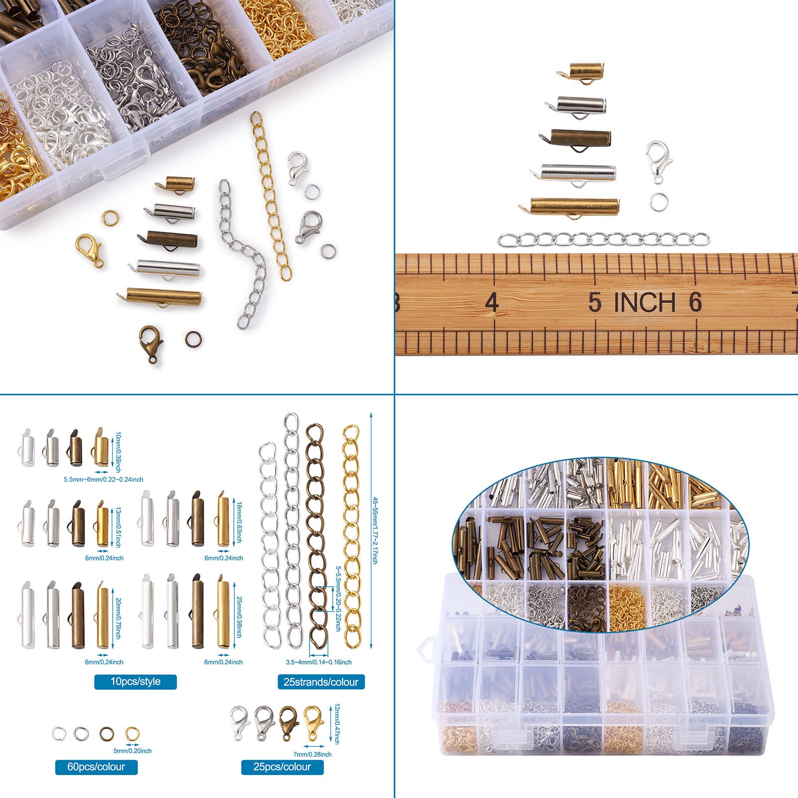 Craftdady 200 cierres deslizantes de 4 colores, 5 tamaños, tapas deslizantes de latón con cierres de pinza de langosta, cadenas extensoras trenzadas, anillos de salto para joyería, manualidades, 10 mm