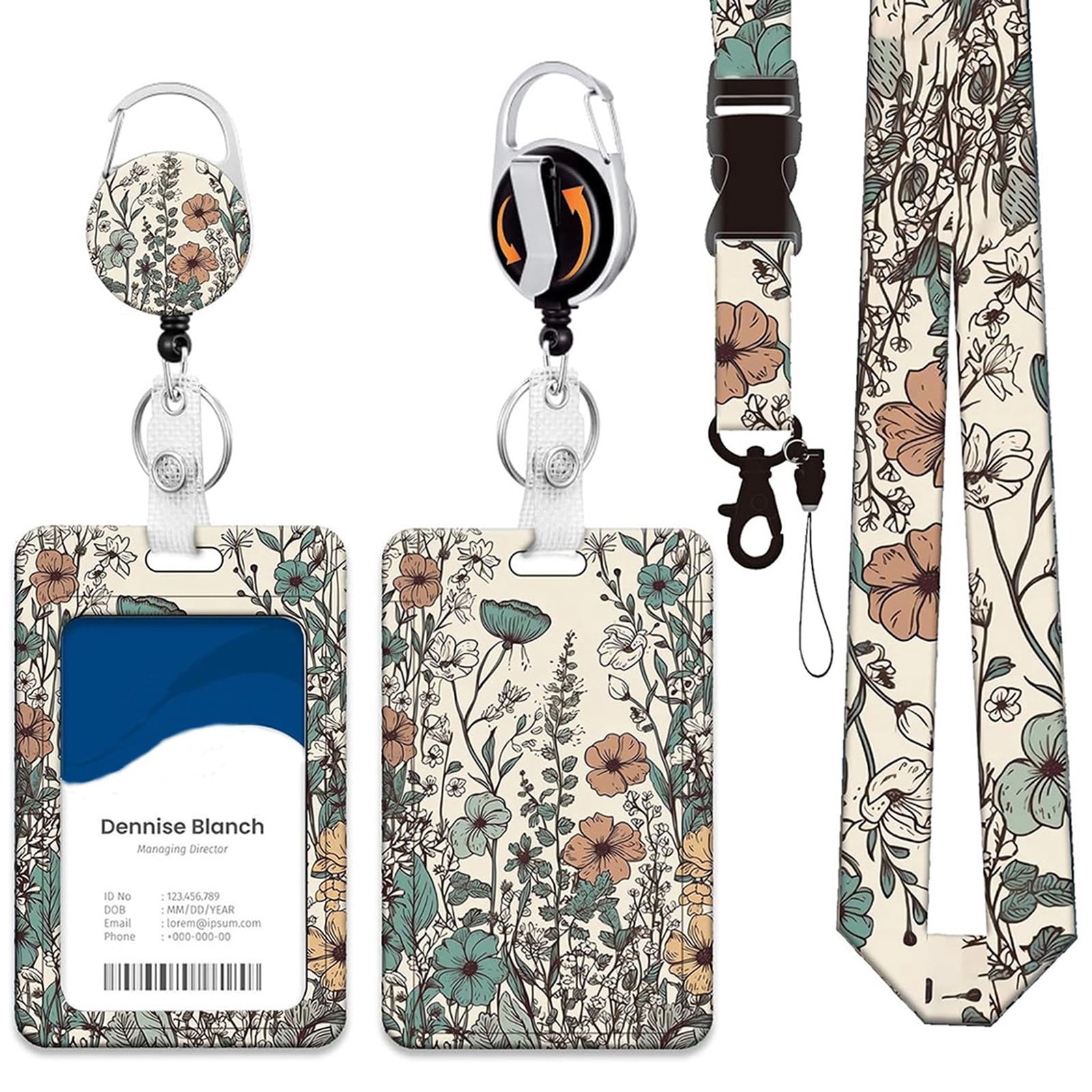 Sliding Badge Holder,Floral Design Lanyard with Card Holder,Retractable ID Badge Reel with Detachable Lanyard Strap,Durable ID Card Holders for Women Girls Teacher Nurse Workers (Style-J)