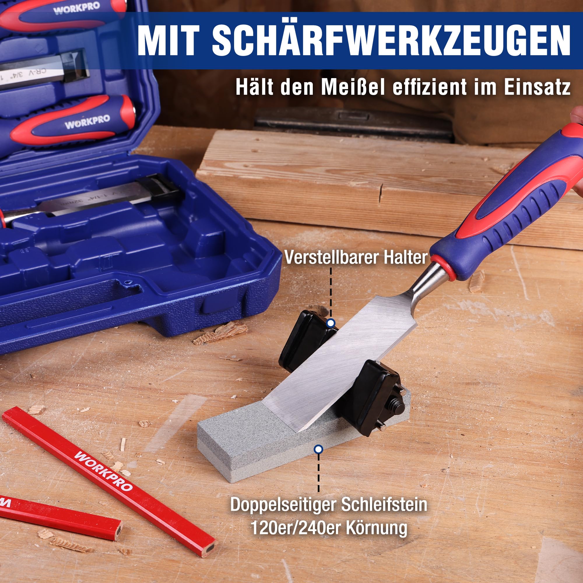 WORKPRO Holzmeißel Set 10-tlg., Cr-V Stahl, 6 Stechbeitel, Koffer | 6 Stechbeitel 6–38mm, ergonomische Griffe, inkl. Schleifstein und 2 Bleistifte, ideal für Holzarbeiten