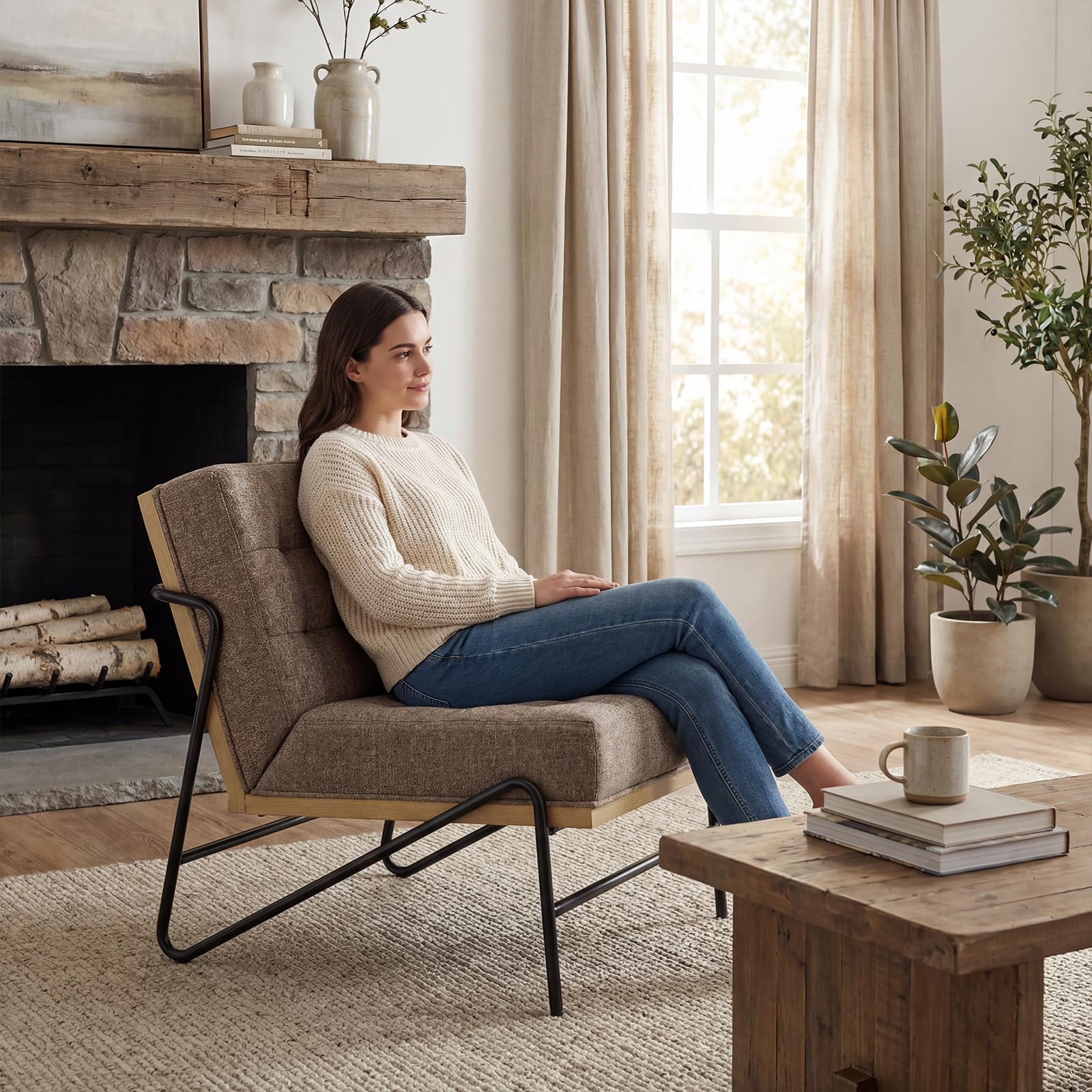 chairus Moderner Akzentstuhl aus Leinen mit Metallbeinen, gepolsterter Loungesessel für Wohnzimmer/Schlafzimmer/Leseecke, Mokka-Braun