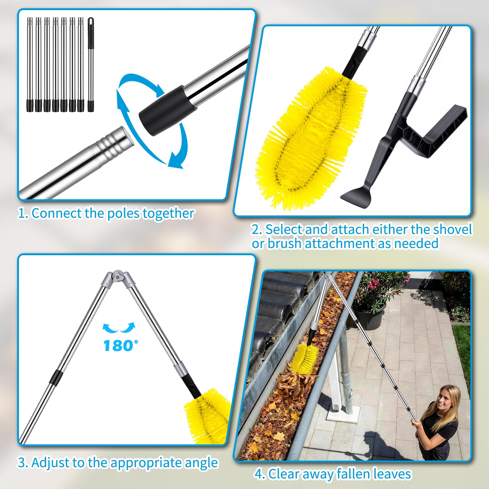 3.9M 2 in 1 Teleskop Dachrinnenreinigungswerkzeug mit Bürste und Laubschaufel, Ausziehbares Aluminium Dachrinnenreiniger Kit, 180° Einstellbarer Winkel, Inklusive Handschuhe