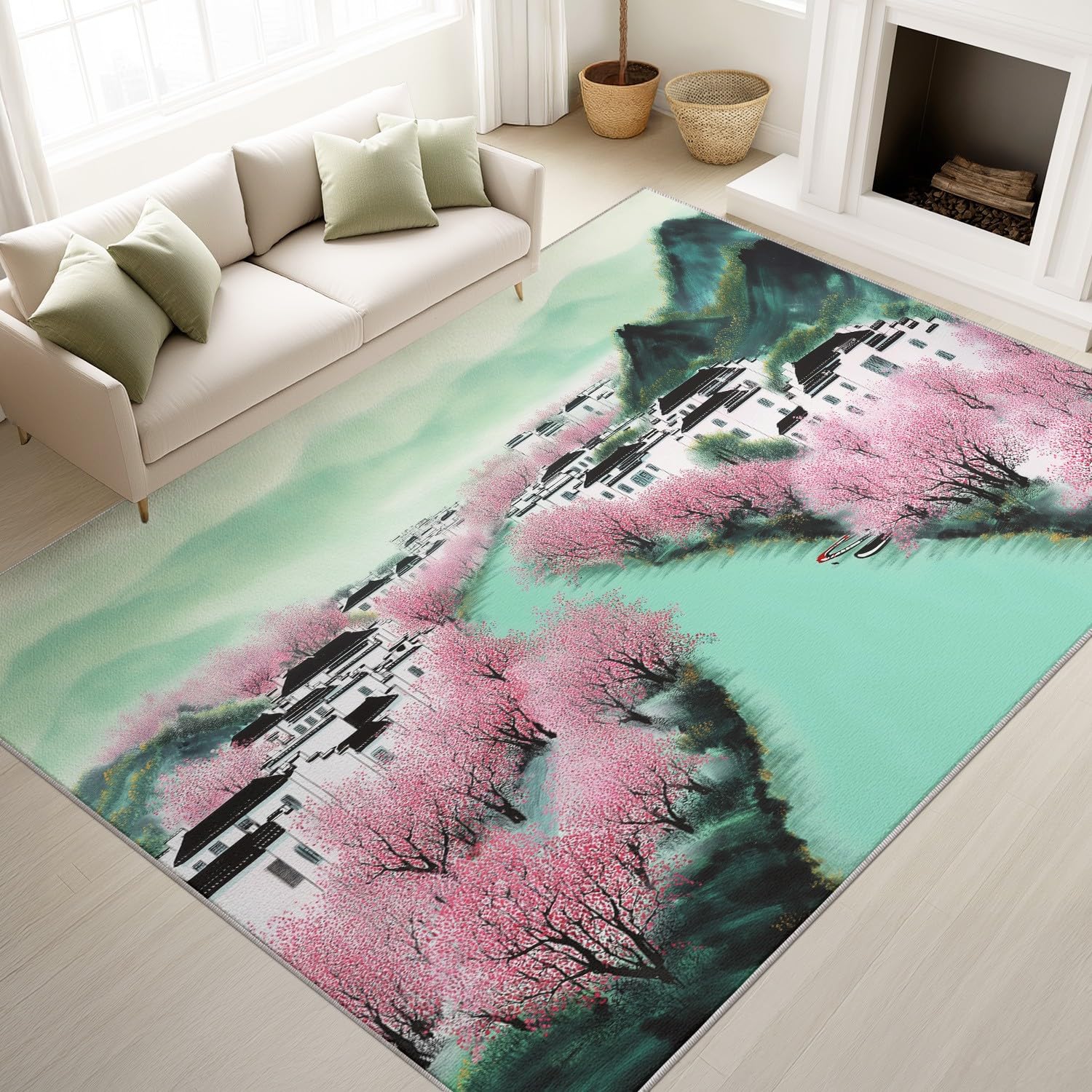 Zielony, nadający się do prania, motyw krajobrazu, 140 x 200 cm, klasyczny, dalekowschodnia wioska wodna, rzeka, wioska, do salonu, miękki, antypoślizgowy, z krótkim włosiem, do sypialni, jadalni