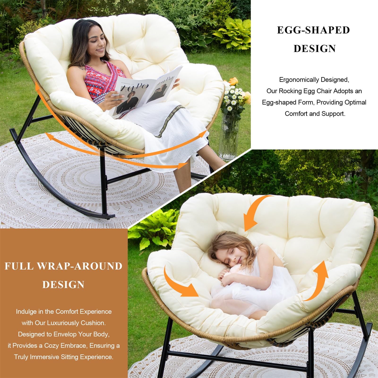Villeston Cozy Outdoor Patio Rocking Chair, Oversized Egg Chair With
