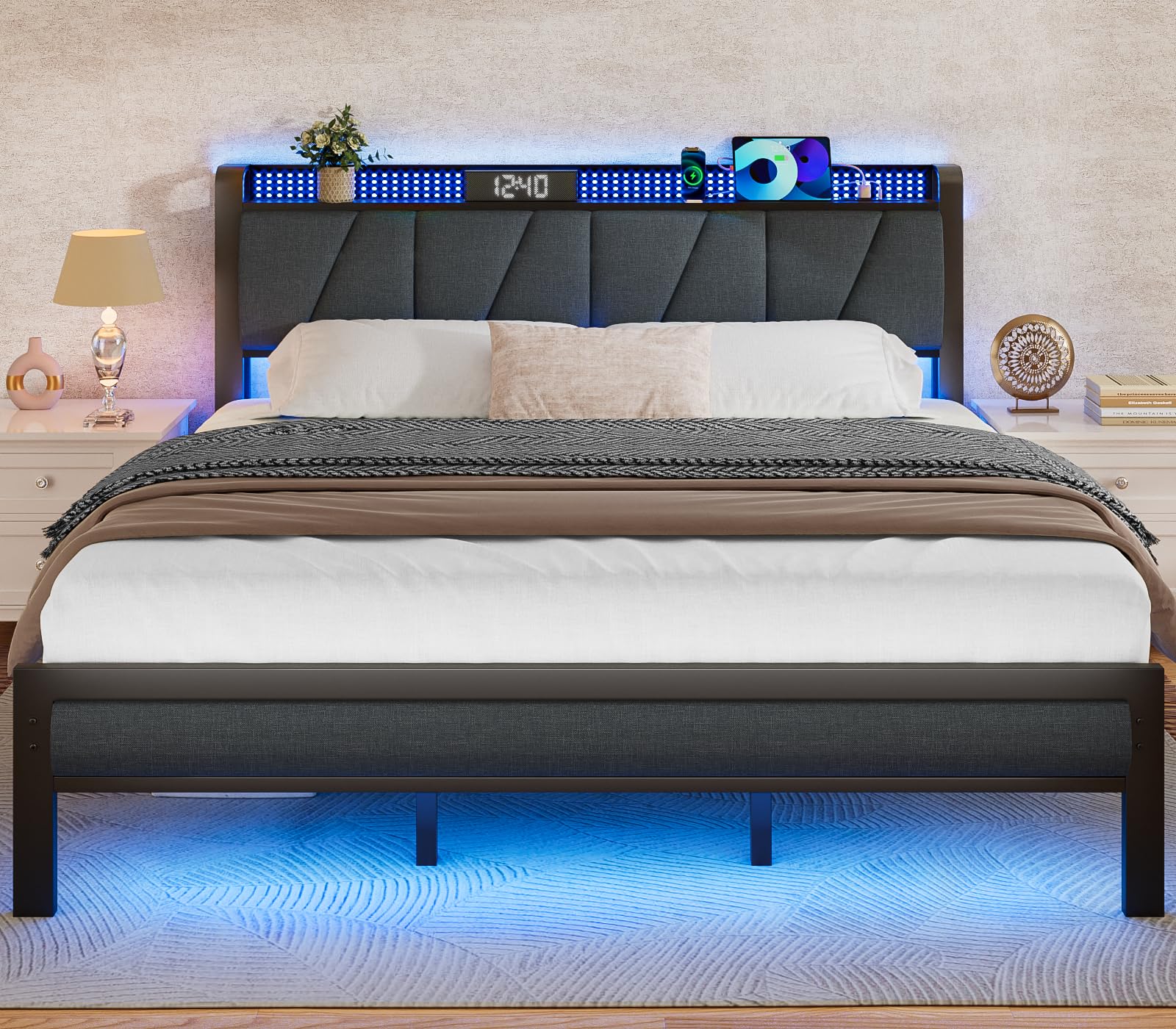 Furnulem King Size Bed Frame with Headboard LED Light and Charging Station Metal Platform Bed with Heavy Duty