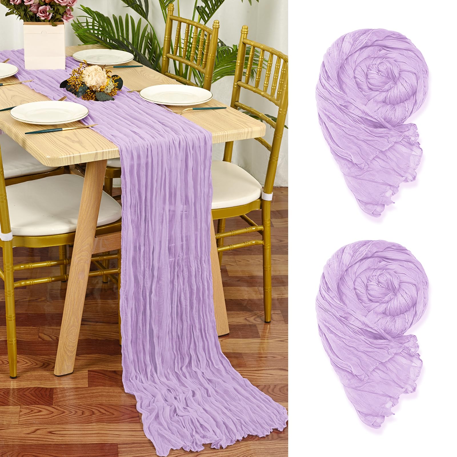 YMHPRIDE 2 Packs Cheesecloth Table Runner Purple, 55x300cm Rustic Gauze Fabric Boho Table Runner, Cheesecloth Wedding Table Decor for Wedding Party Bridal Shower Table Decorations