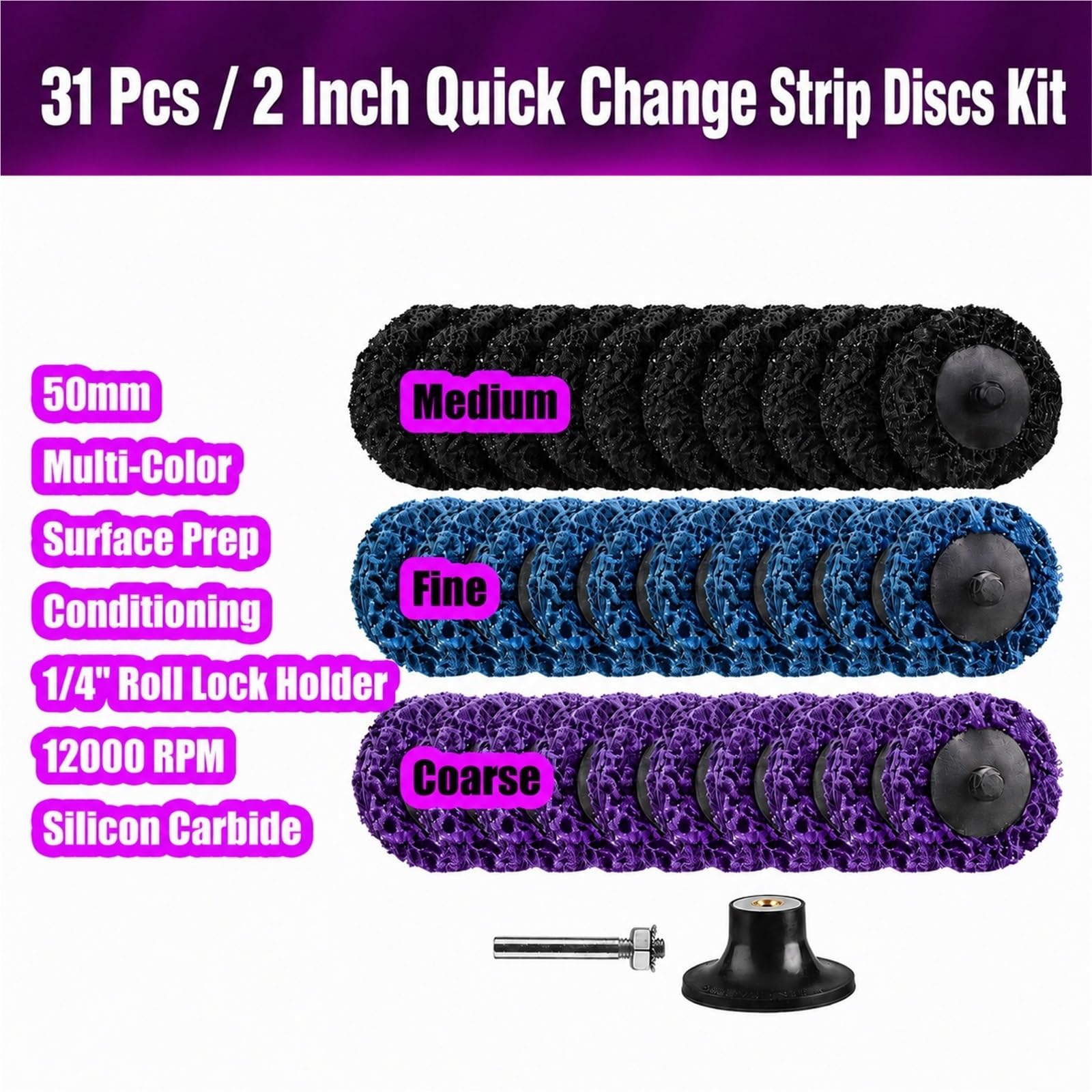 31pcs 2 Inch Strip Discs Set, 1/4" Shank Quick Change Abrasive Wheels for Drill Die Grinder, Surface Prep