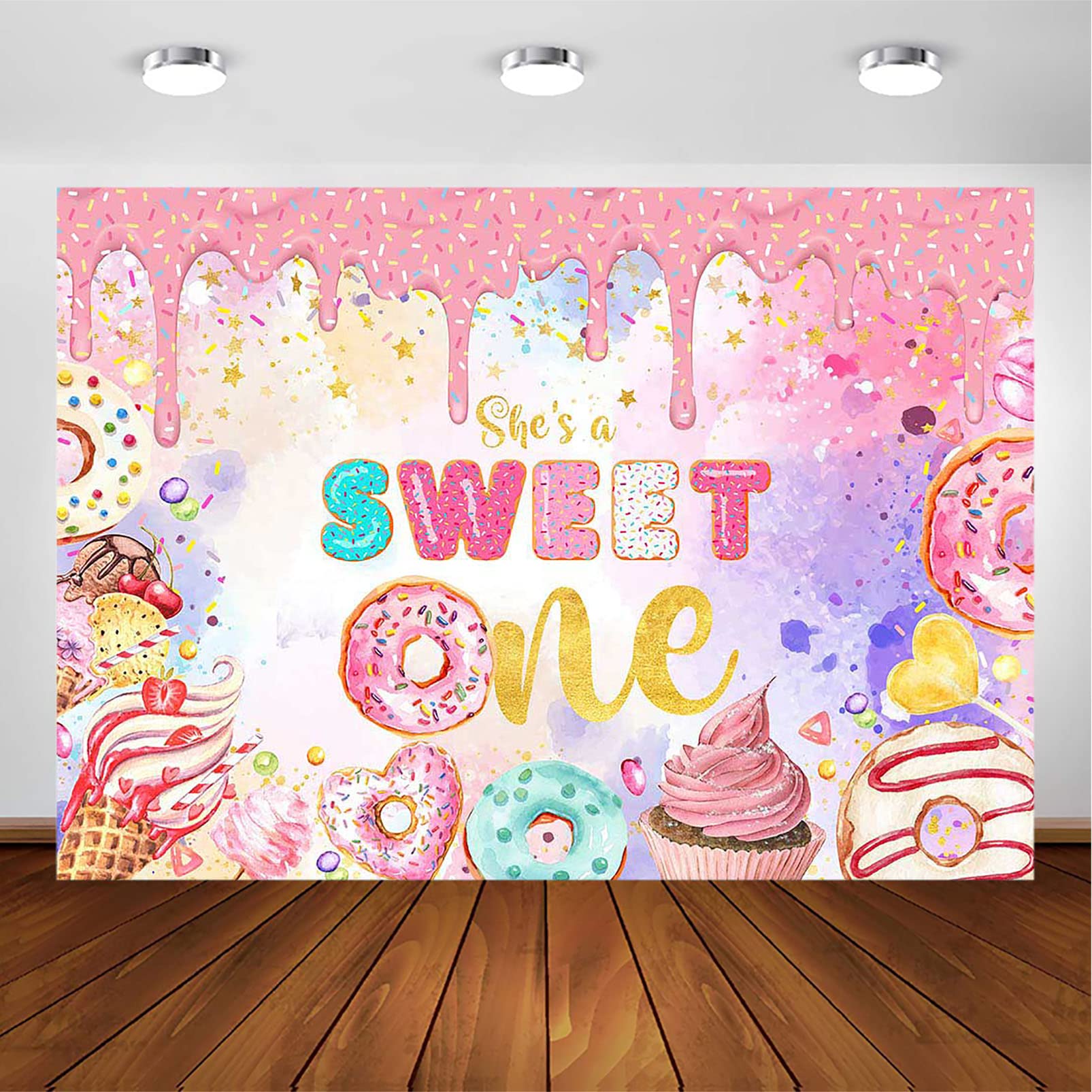 Avezano Sweet One Birthday Backdrop for Baby Girl's First Birthday Pink Sweet Donut Ice Cream Photo Background Candy Land Theme Birthday Party Decorations (7x5ft)