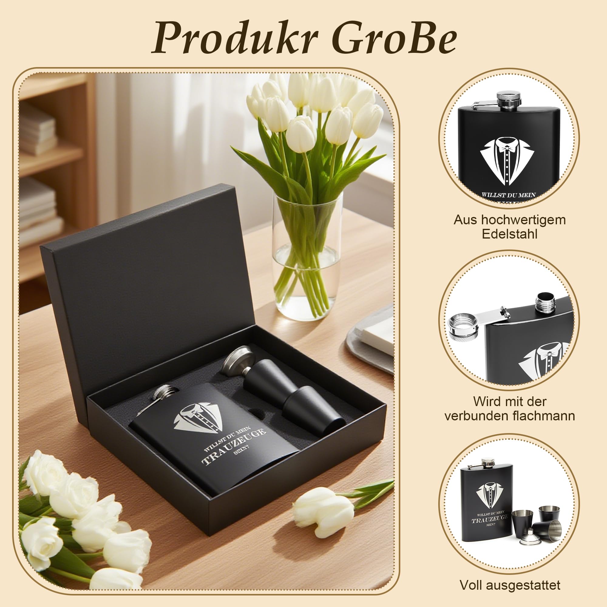 Flachmann mit Gravur 8oz Edelstahl Geschenkset für Trauzeuge und Trauzeugin, Schwarze Geschenkbox mit 4 Bechern und Trichter, Personalisiertes Hochzeitsgeschenk für Männer und Frauen, BLACK