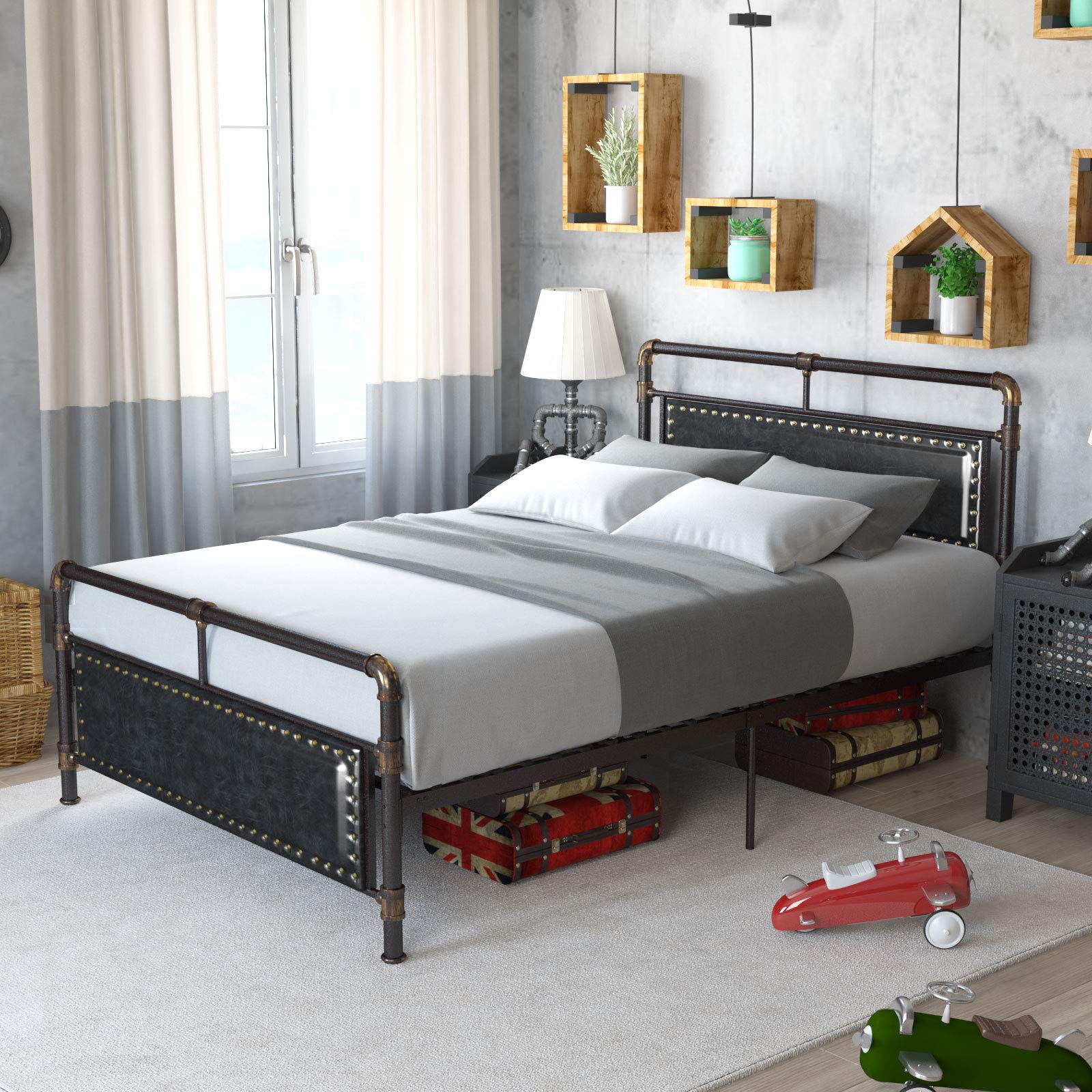 Buy mecor Vintage Metal Queen Bed Frame, Upholstered Faux Leather Nail