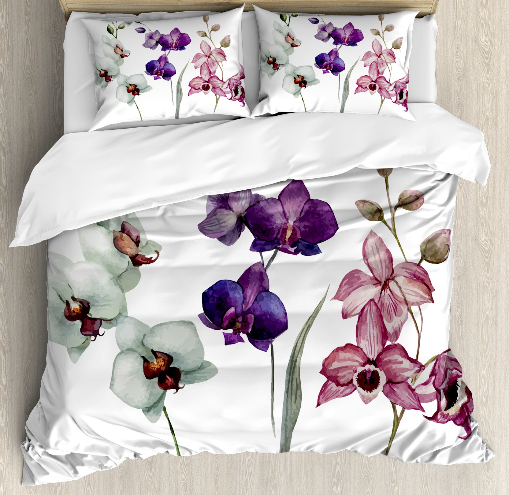 Ambesonne Watercolor Flower Duvet Cover Set, Different Orchid Flowers on Clear Background Exotic Blooms, Decorative 3 Piece Bedding Set with 2 Pillow Shams, King Size, Rose Purple