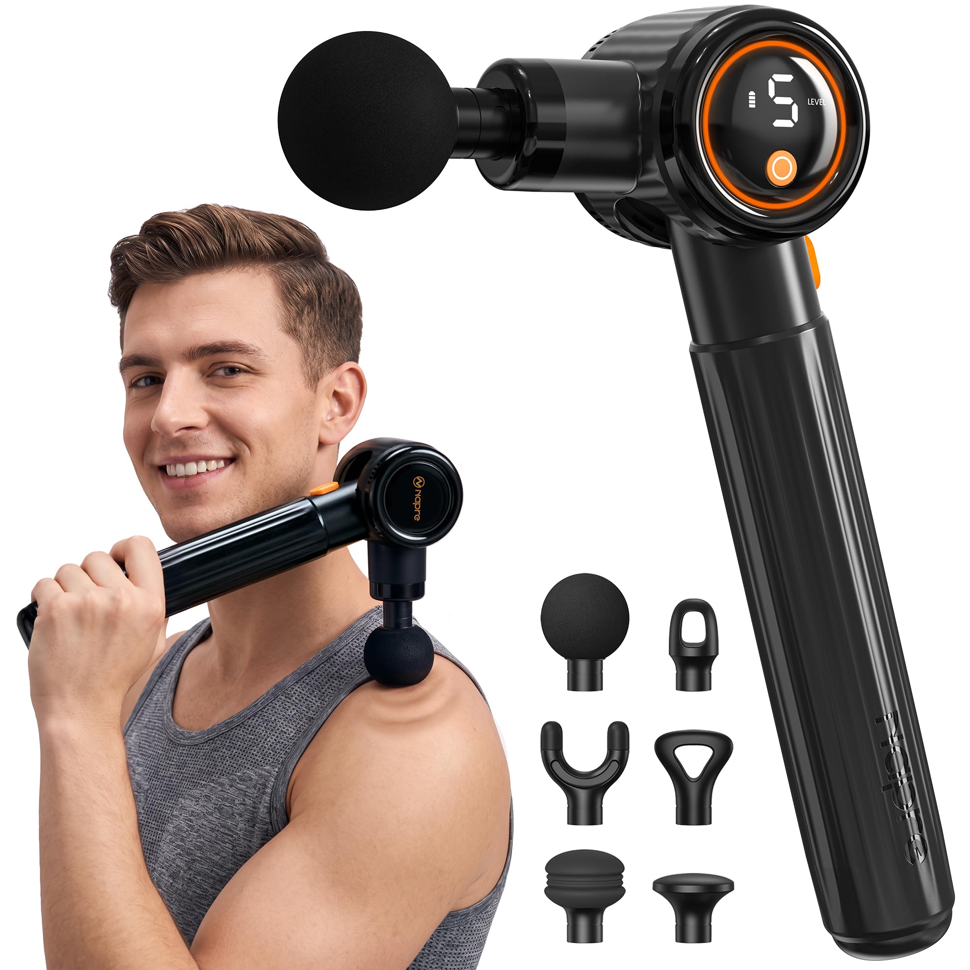 Pistola de Masaje Muscular,Napre Pistola Masaje Muscular con Mango Largo y 3 ángulos Ajustables,Massage Gun Pistola Masajeadora,6 Cabezales y Pantalla LED,Masajeador Muscular Cervical y Espalda,Negro