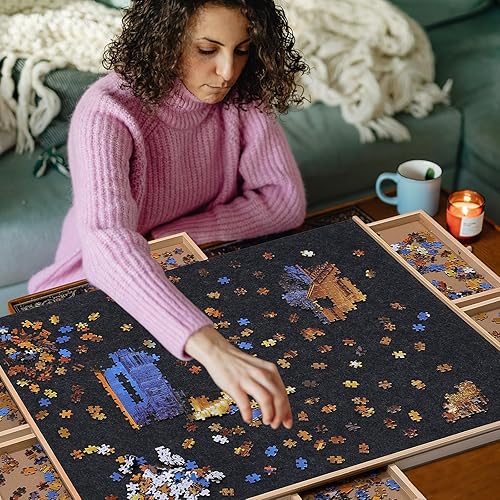 Miniatura 6 de Tablero de rompecabezas de madera de 1500 piezas, 6 cajones, mesa giratoria de rompecabezas de 35 x 27 pulgadas, superficie de fieltro y alfombrilla