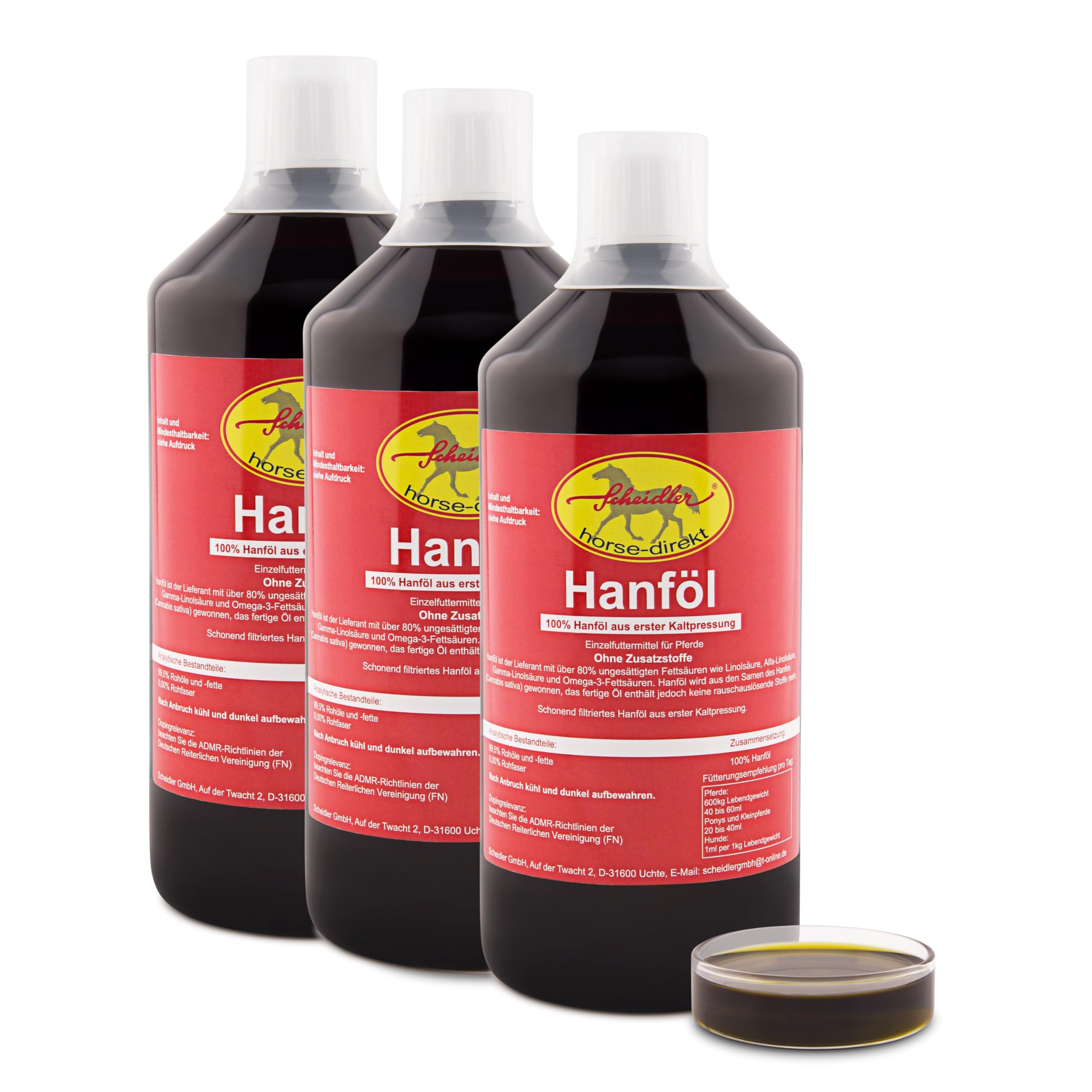 Hanföl 3 x 1 L für Pferde & Hunde – 100% kaltgepresstes Barföl aus dem Cannabis Sativa Samen – Naturprodukt ohne Zusatz – inkl. Dosierkappe