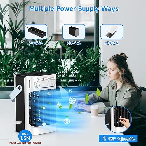 Miniatura 3 de Aire acondicionado portátil, enfriador de aire evaporativo TIOKVIOP 10 W mejorado y 3 niebla fría 3 en 1, 3 velocidades de viento y 7 luces LED, 3