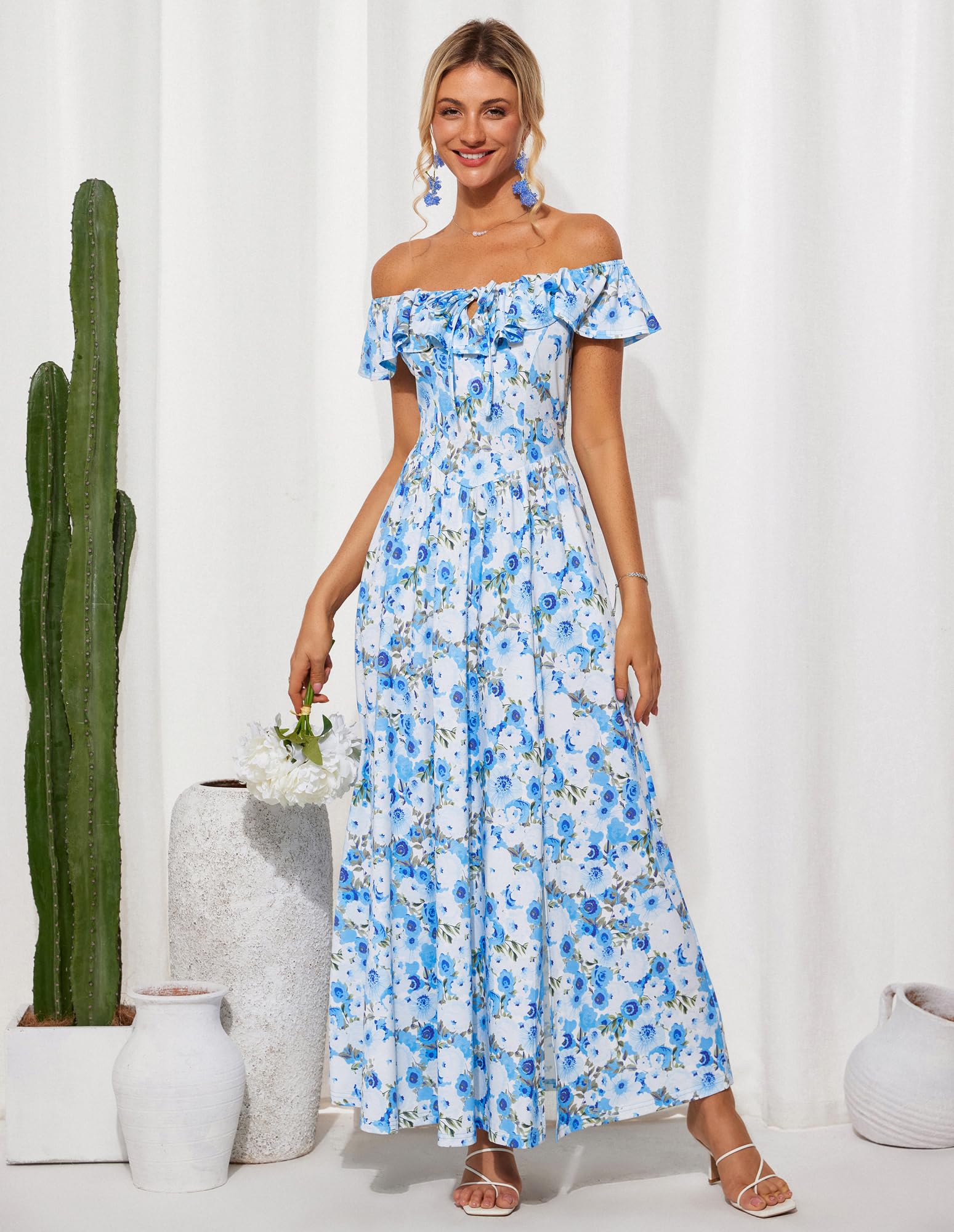 GRACE KARIN Abito Estivo da Donna Lungo con Spalle Scoperte, Volant, Spacco, Boho, Floreale, Elegante, da Spiaggia, per invitati a Nozze, con Tasche
