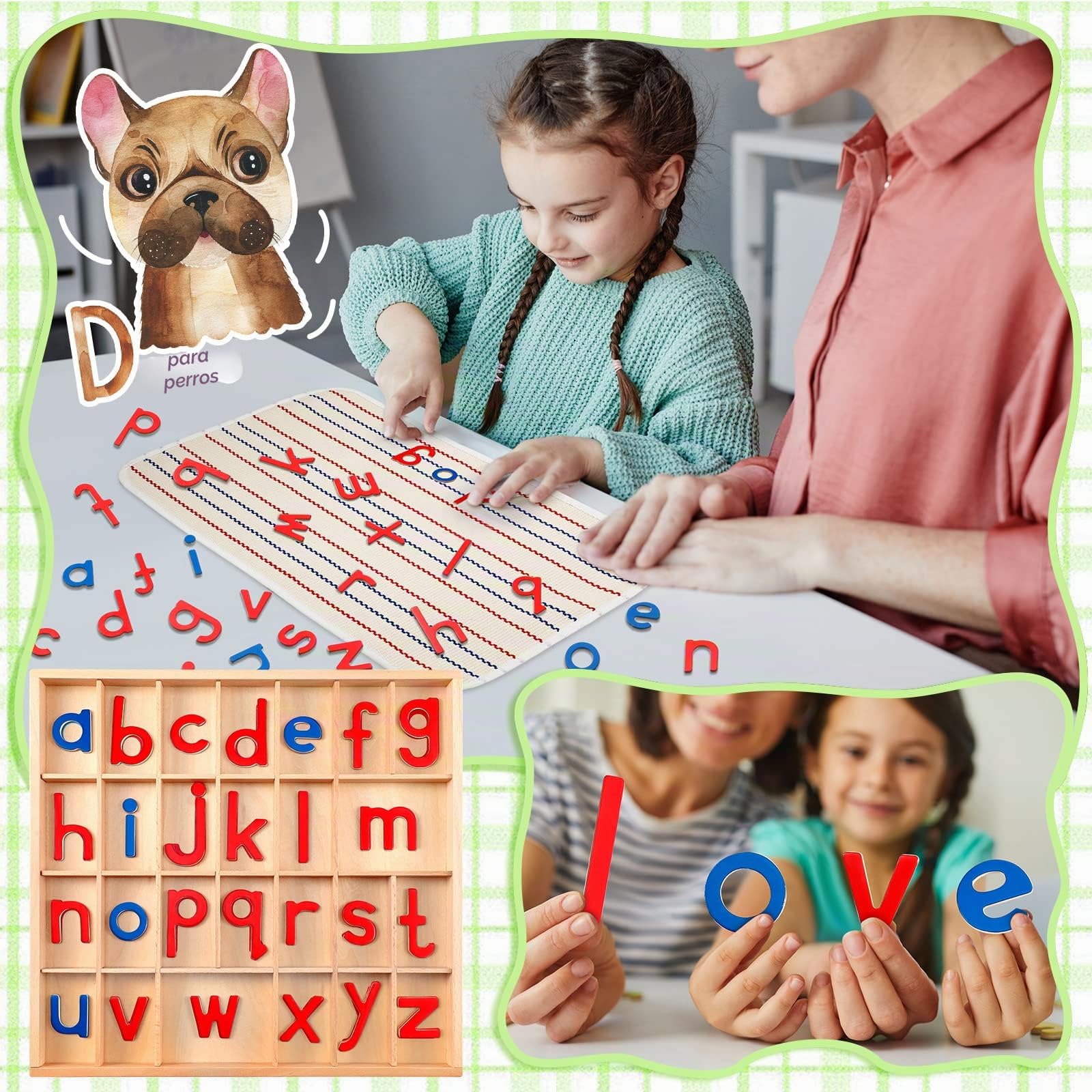 Juexica Letras minúsculas Montessori Letras del alfabeto de madera móvil con caja y alfombrilla grande, pequeñas bandejas de madera Montessori, materiales de aprendizaje de ortografía preescolar, rojo