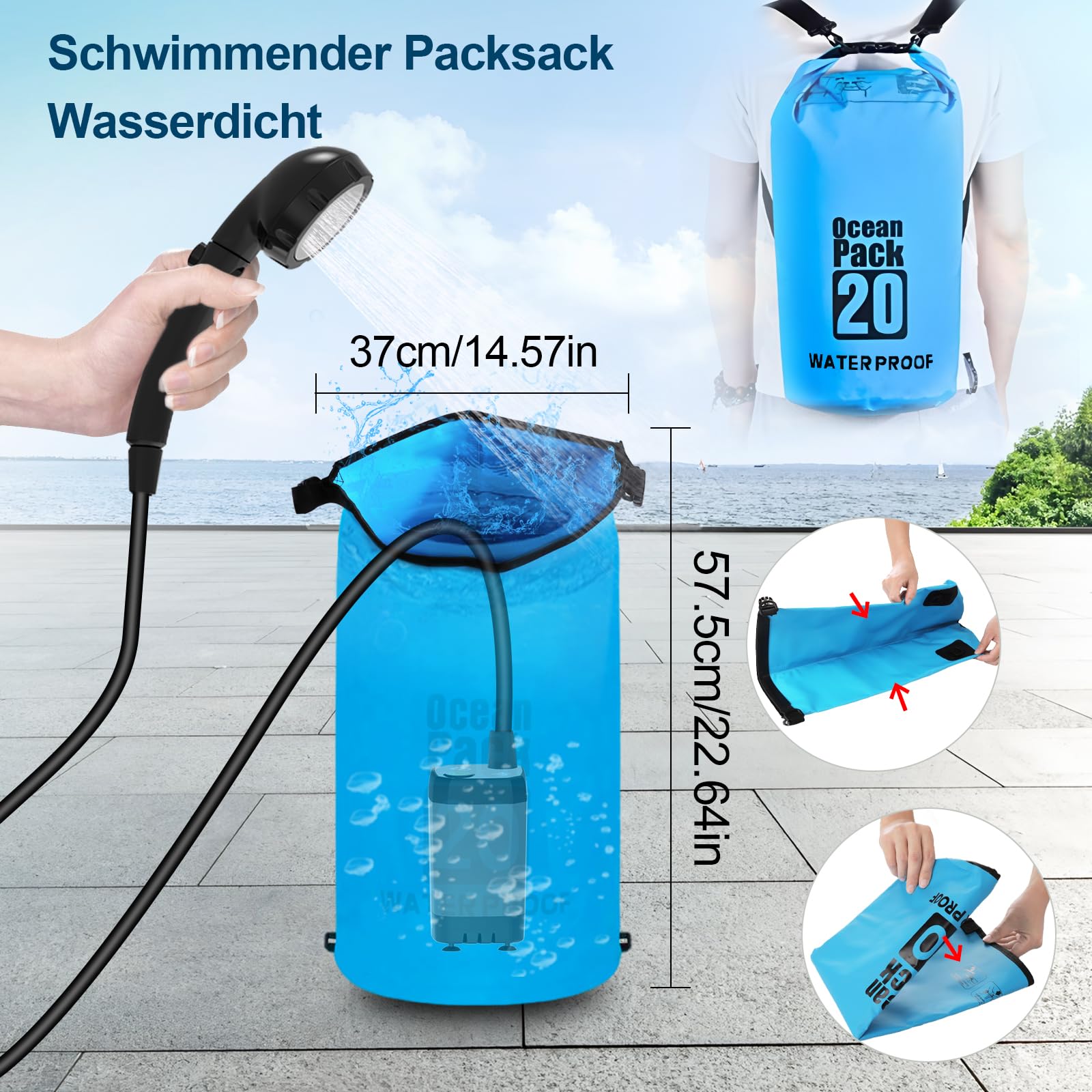 Doccia da Campeggio Portatile, Pompa Doccia da Campeggio con Batteria Ricaricabile 6000mAh e indicatore della Temperatura, Testa Doccia Multifunzionale e Tubo 2M, cestiera Pieghevole da 20L