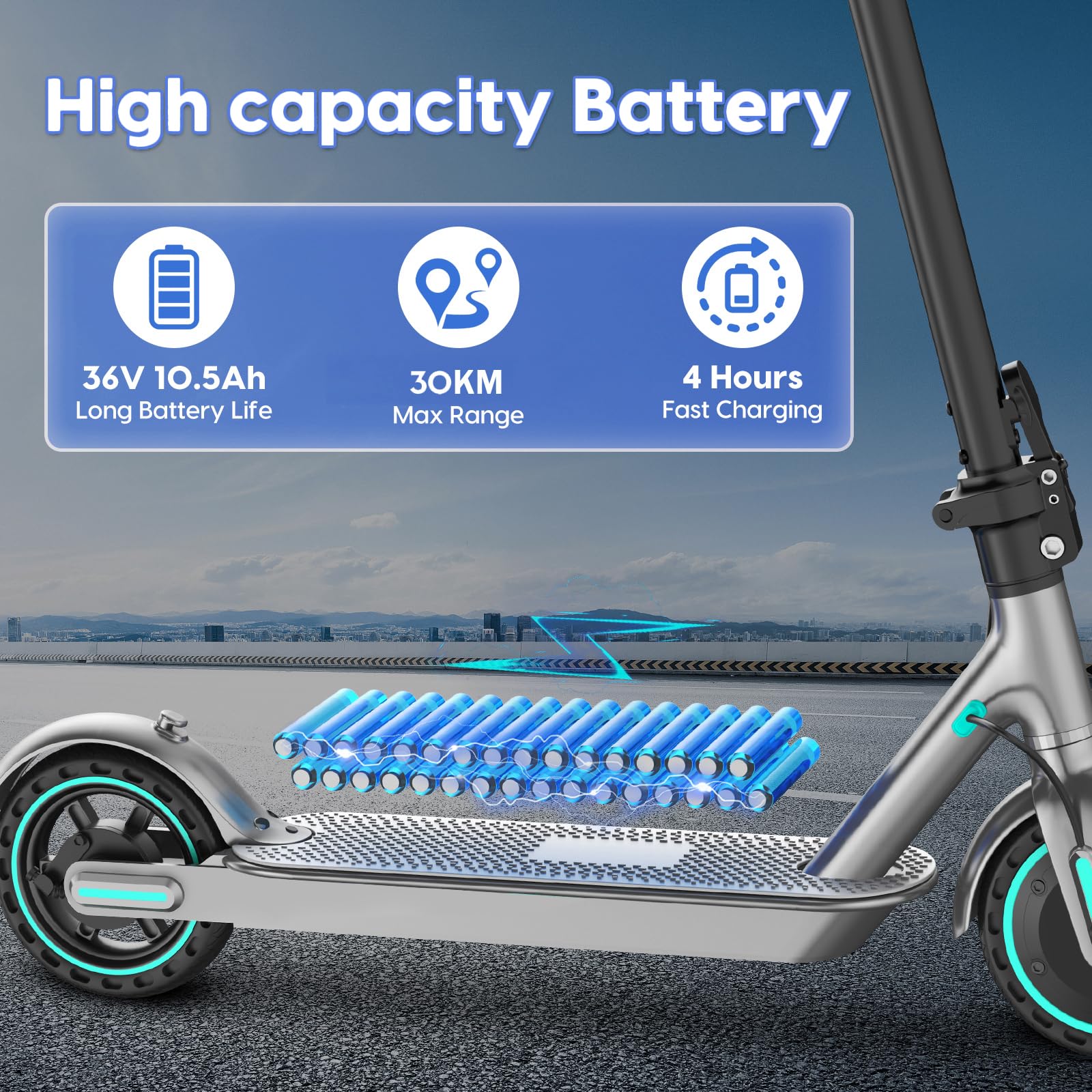 Trottinette Électrique Adulte, Moteur de 350W, Vitesse Max 25 km/h, 3 Modes de Vitesse, Autonomie 30-35KM Batterie 36V 10.5Ah, Pneus Solides 8.5'', Double Frein, APP
