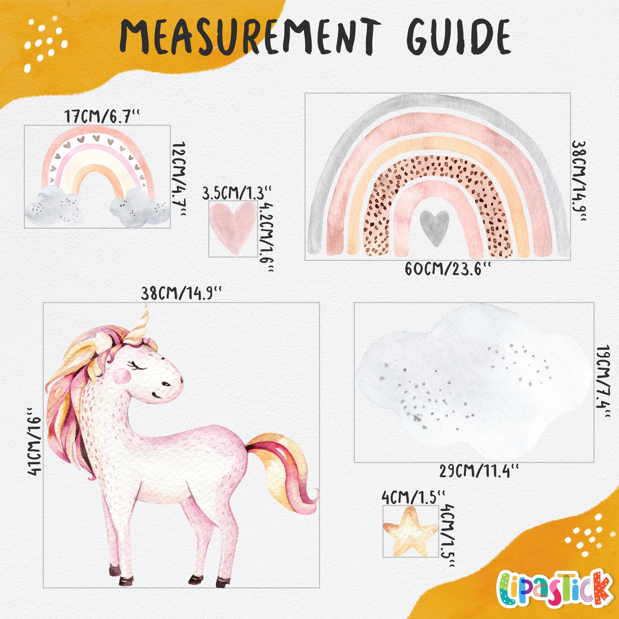 Large Rainbow Wall Decals by Lipastick - 132 pcs Rainbow Wall Stickers - Unicorn Wall Decals for Kids Bedroom Room Nursery â€“ Kids Wall Stickers Cloud Stars Ponies - Waterproof Wall Art DÃ©cor L Size