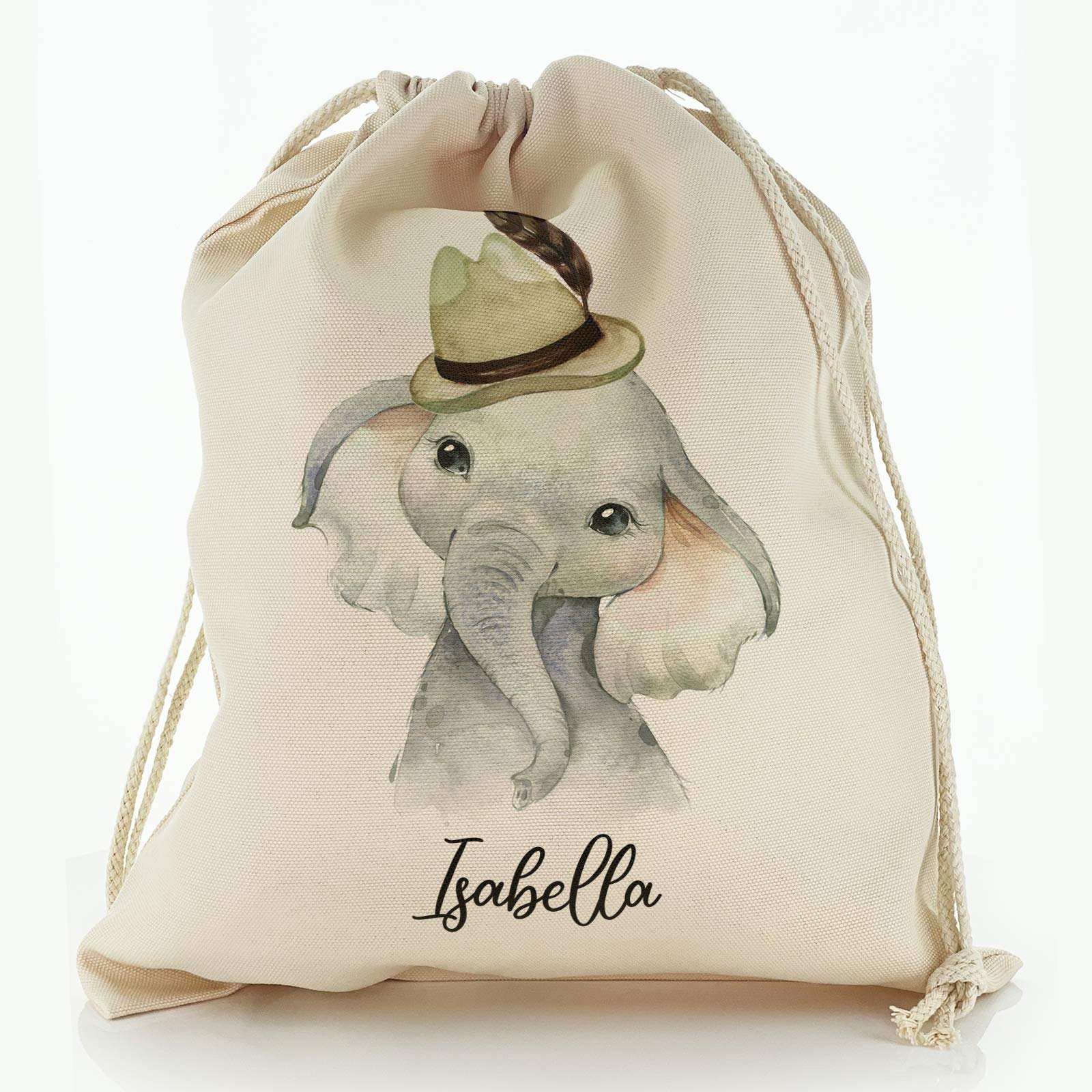 Personalised Bag, Birthday Gift Bag Customised with Initial/Name/Text, Grey Elephant Hat Design, Storage Bag, Drawstring Top Sack, Sizes: XXS, XS, S, M, L, XL