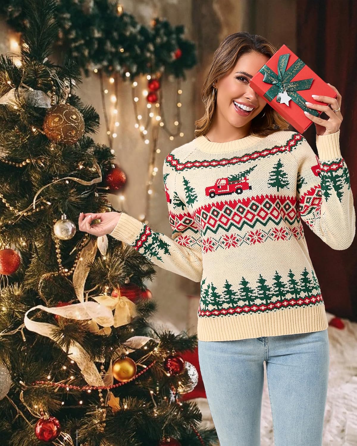 Women Thick Chunky Knit Sweater Trucks Snowflake Cedar Christmas Sweaters Holiday Pullover - Image 3