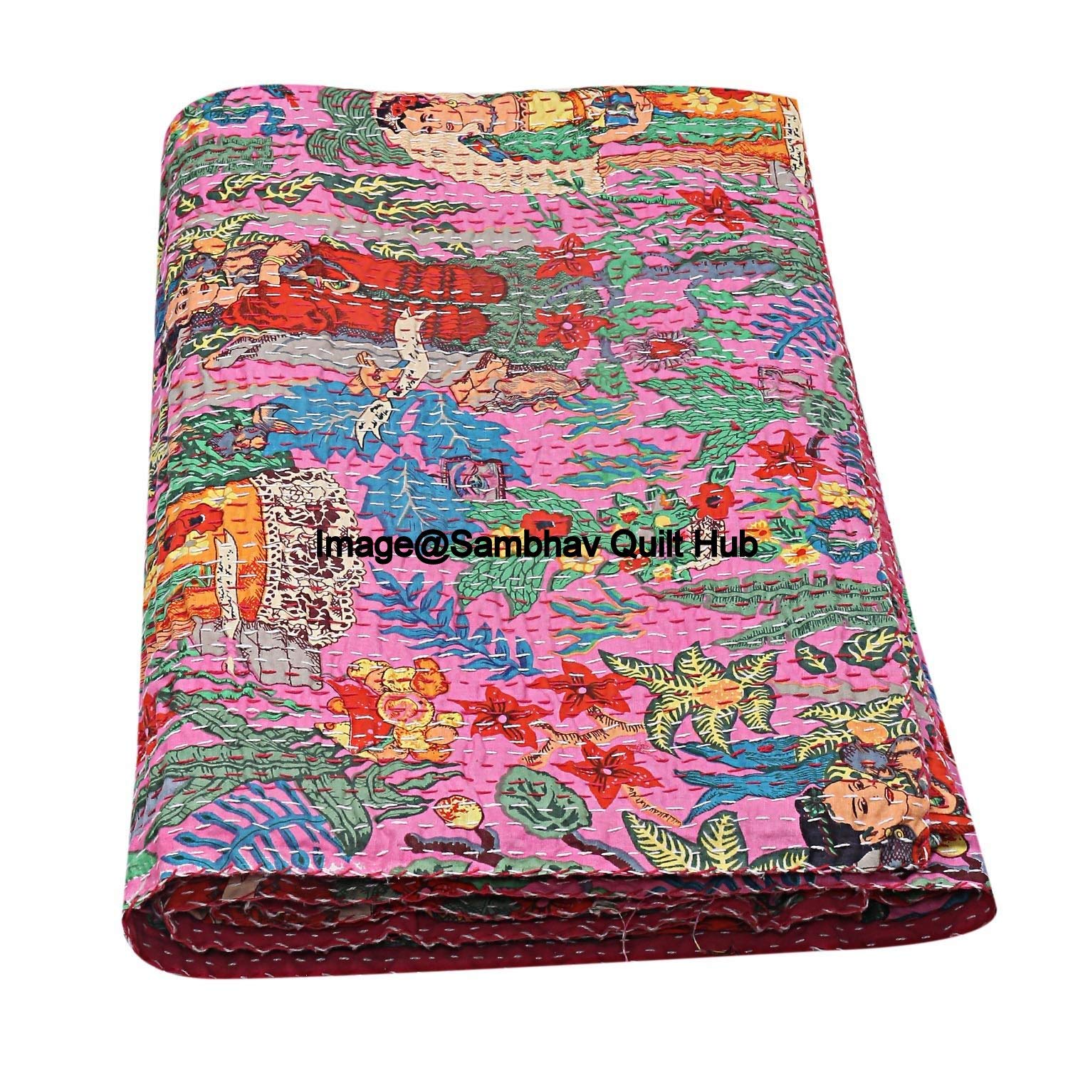 Parure de lit Kantha faite à la main pour très grand lit/lit simple - Motif floral - Style bohème - Rose - 228,6 x 274,3 cm
