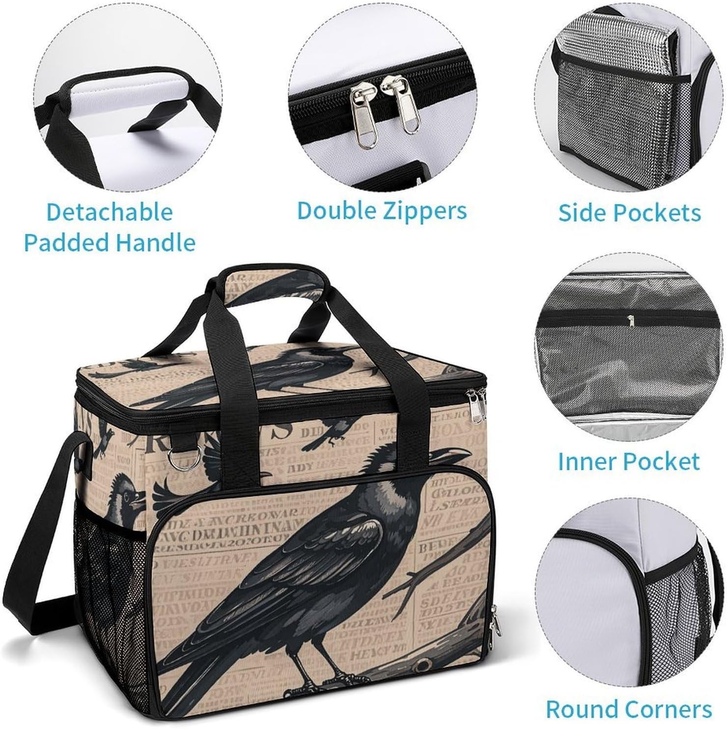 Insulated Picnic Backpack Tote Bag, Large Capacity 30L The Mysterious Crow Cooler Bag Leakproof Beach Bags Portable Lunch Box Waterproof Picnic Basket for Beach Camping BBQ