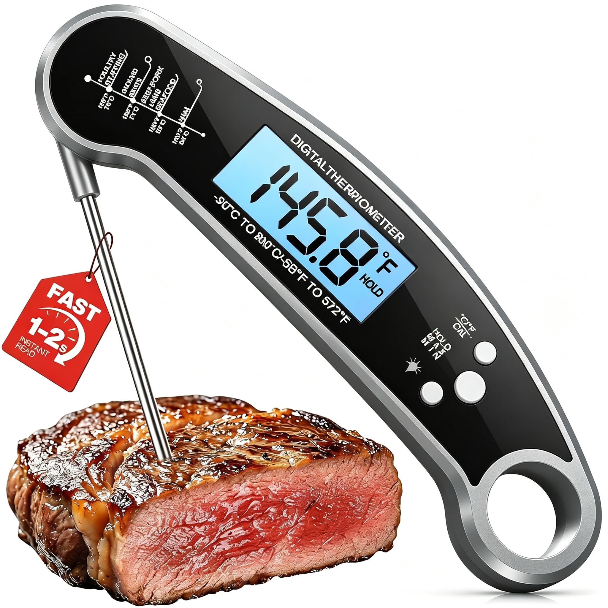 Termometro digitale pieghevole per carne, termometro da barbecue, termometro da cucina, impermeabile, retroilluminazione LCD, risoluzione istantanea in 2-3 secondi, per cucina, grigliate, cuocere
