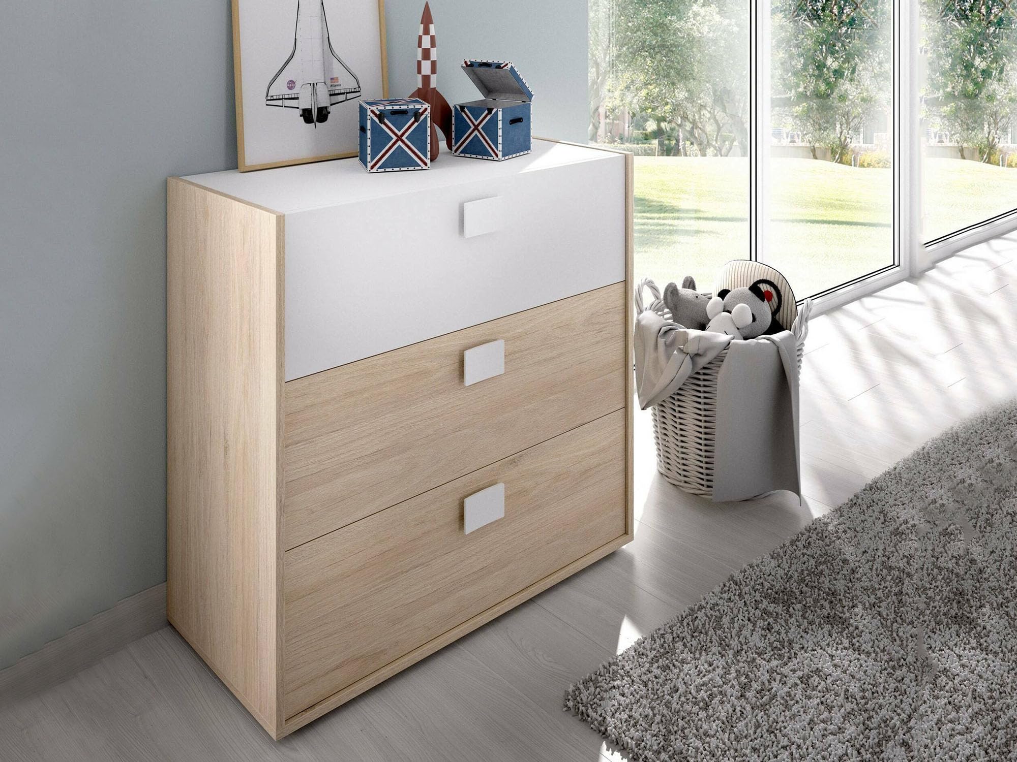 Dmora - Cassettiera Sella, Settimanale per camera da letto, Comò con 3 cassetti, 80x43h81 cm, Rovere e Bianco