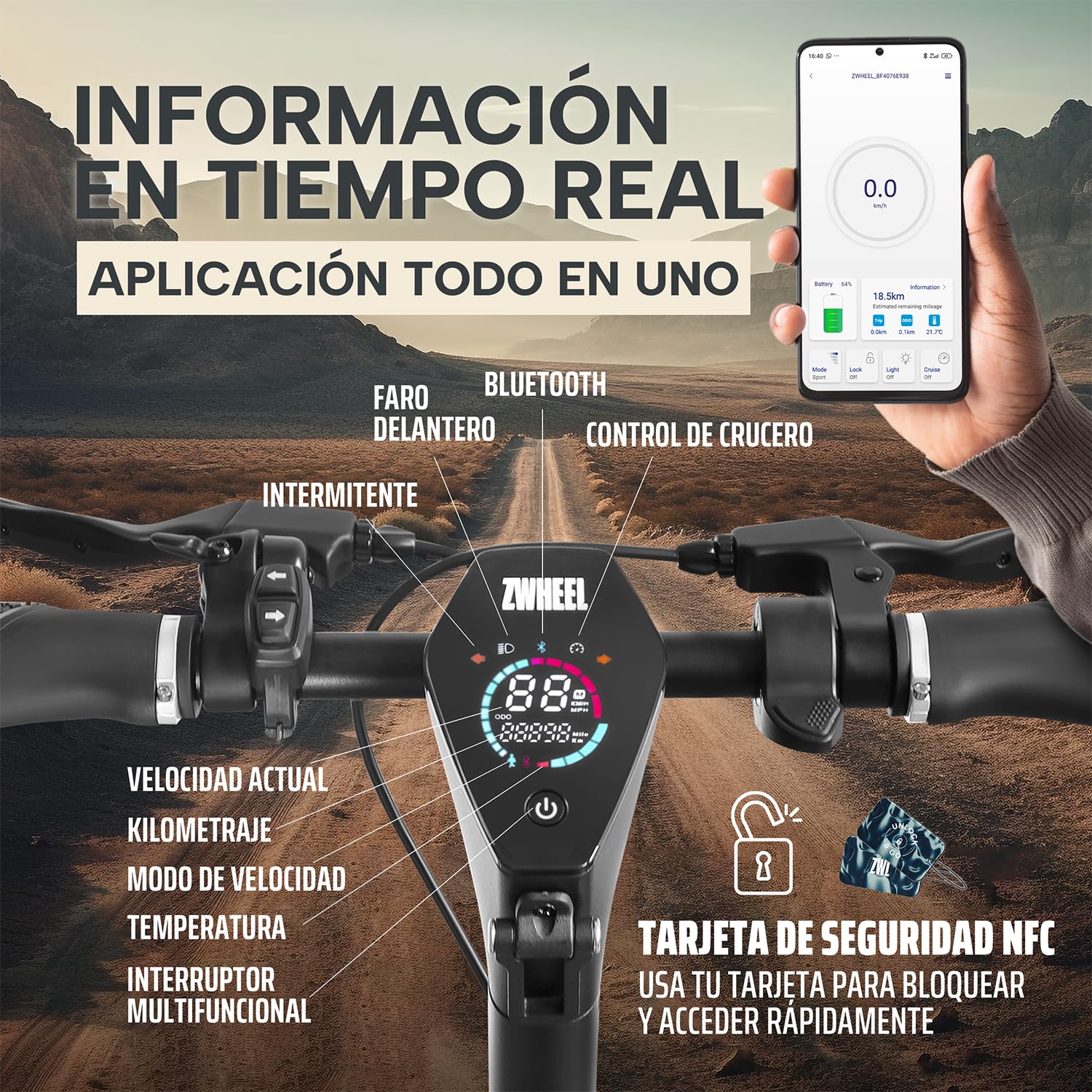 ZWHEEL Zlion Pro | Patinete Eléctrico Adultos Homologado DGT - 1200W MAX, 40-45km Autonomía, Regeneración al Frenar, Doble Freno, Ruedas 10" Tubeless Autosellable, Pantalla Avanzada, App y IP54
