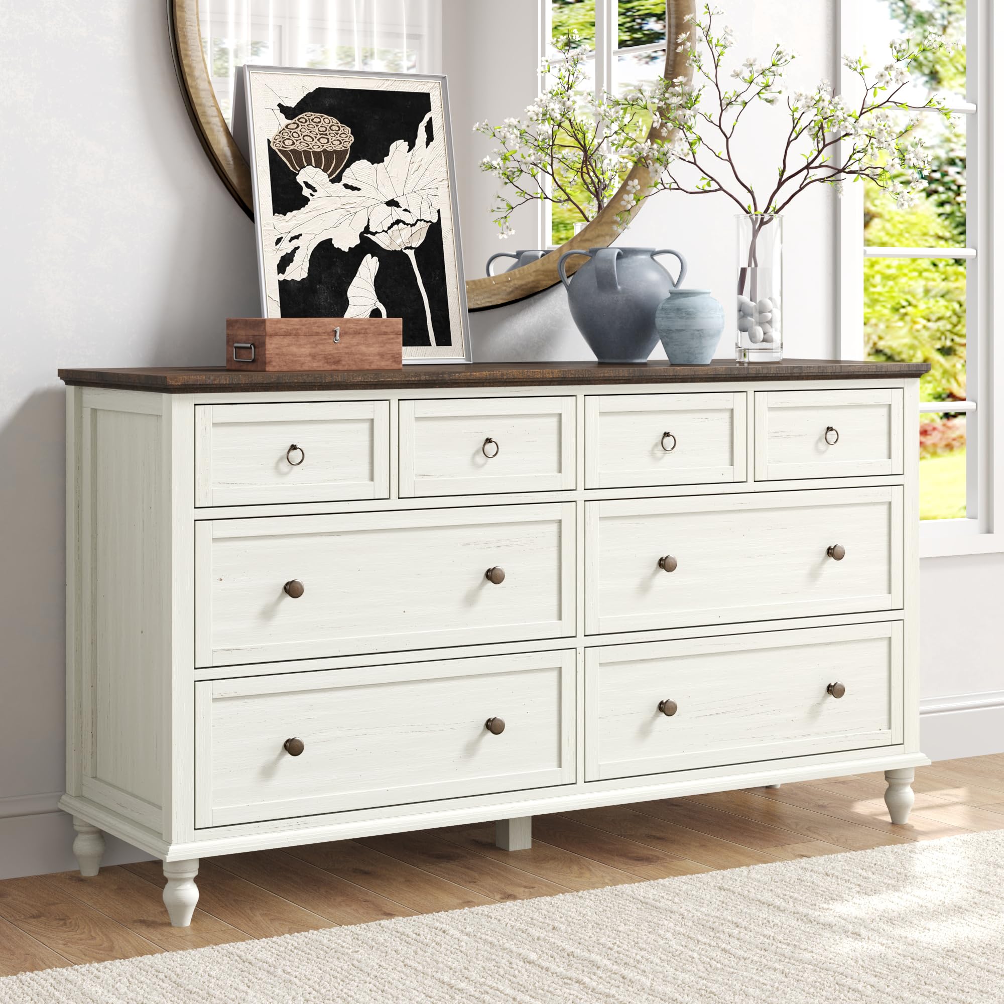 chartustriable 65-inch 8-Drawer Rustic Wood Dresser in Antique White