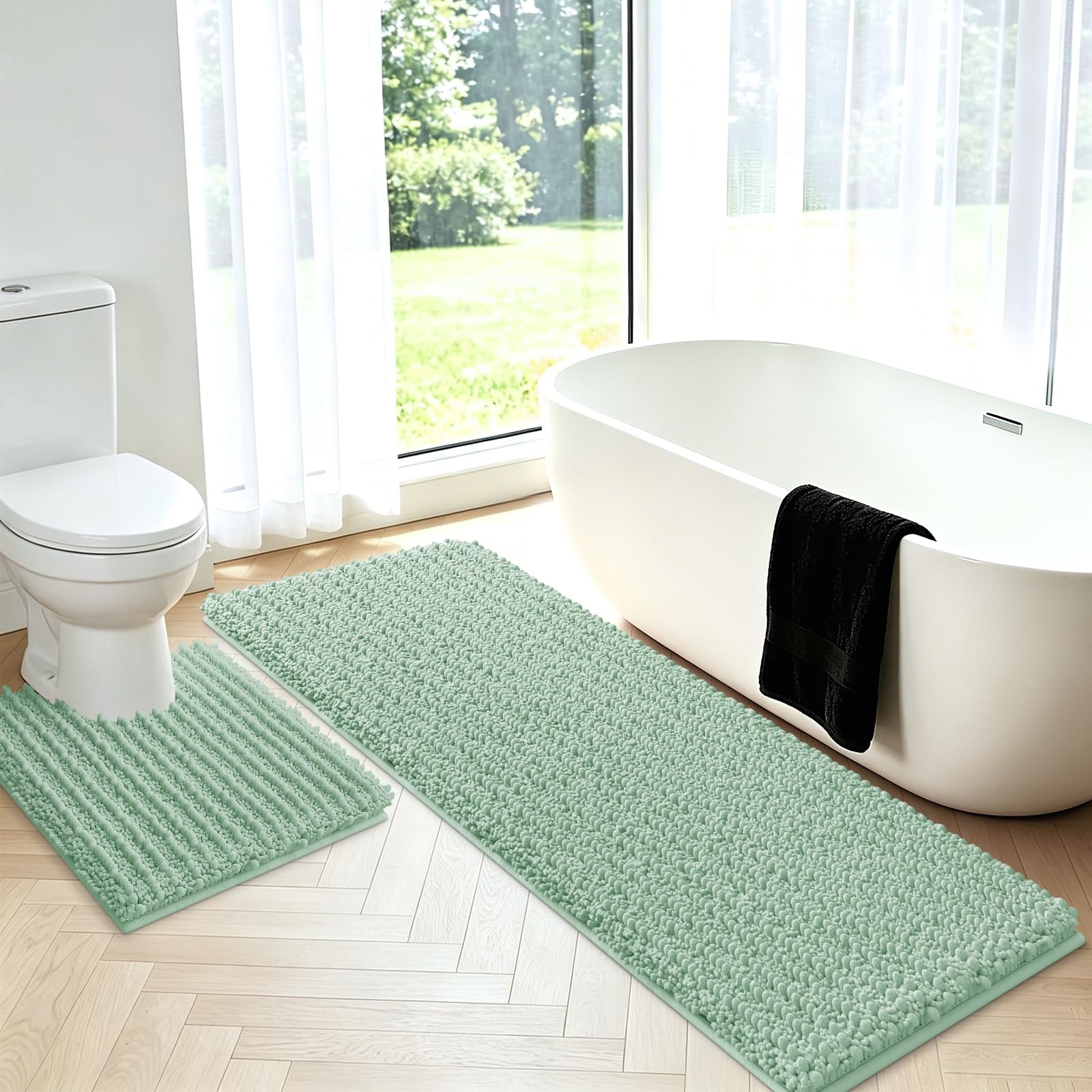 Upgrade Luxury 2 Piece Sage Green Toilet Bathroom Rug Mat U Shape 24"x20"+48"x20", Ultra Soft Thick Absorbent Bath Mats, Non Slip Chenille Toilet Mat for Bathroom, Bedroom, Kitchen, Shower, Tub
