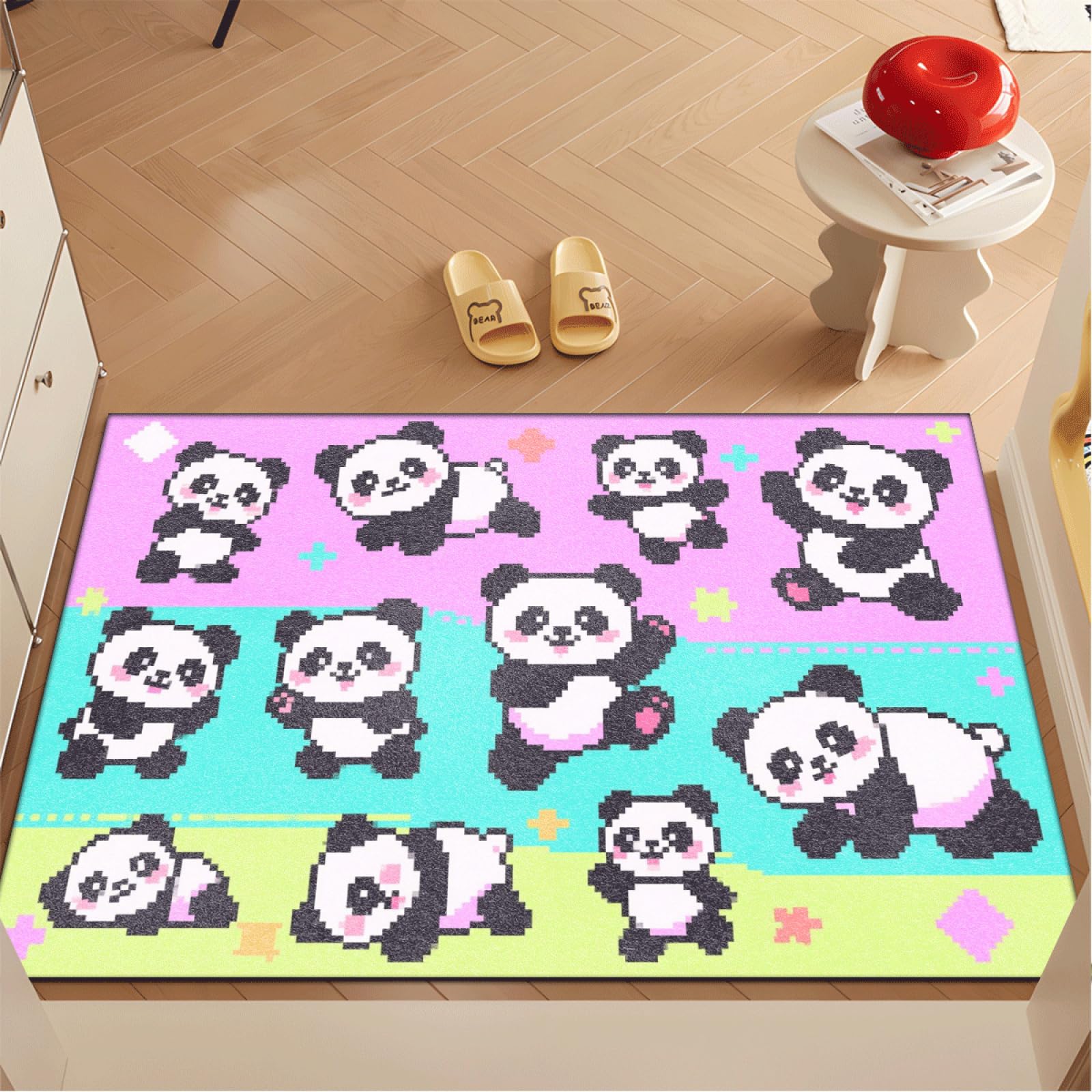 Paillasson Exterieur Entree Panda Rose Vert Tapis Entree Interieur Facile à Nettoyer Paillasson Interieur Antidérapant Lavable en Machine pour Chambre Cuisine Couloir 60x90 cm