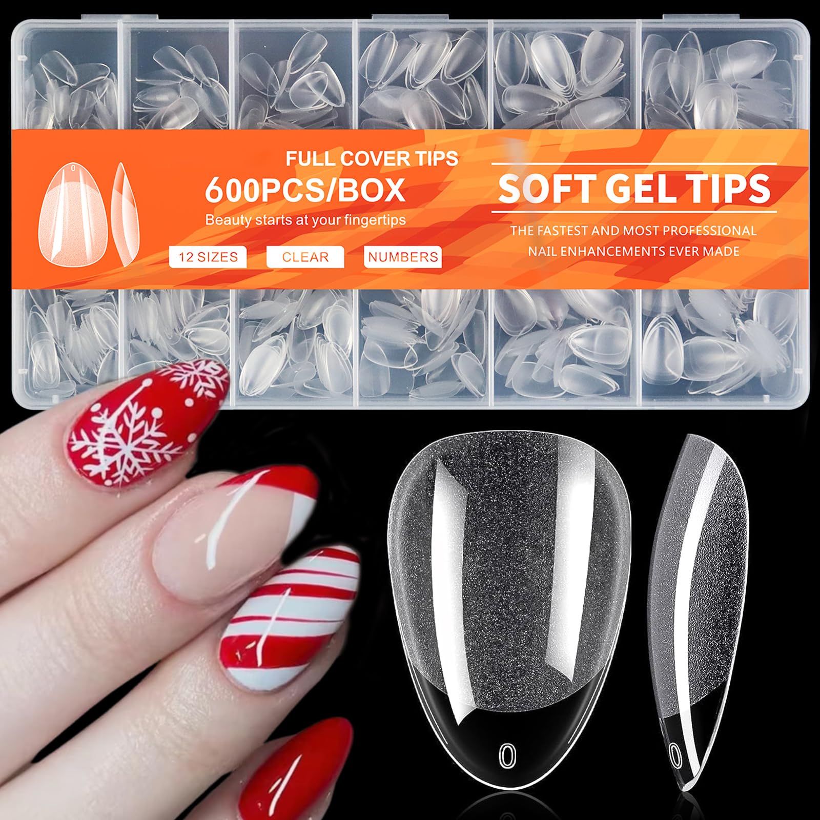 AddFavor 600pcs Short Almond Nail Tips, Soft Gel Nail Tips Almond Short Clear Fake Nails Full Cover Acrylic Nails Tips for Extension Nail Manicure Salon Home DIY