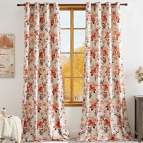 Pink Floral Curtains 84 Inch for Girl Bedroom Velvet Curtain Drapes with Whimsical Botanical Flower Pattern Aesthetic Anthropologie Modern Farmhouse Room Darkening Living Room Window Curtains,2 Panels