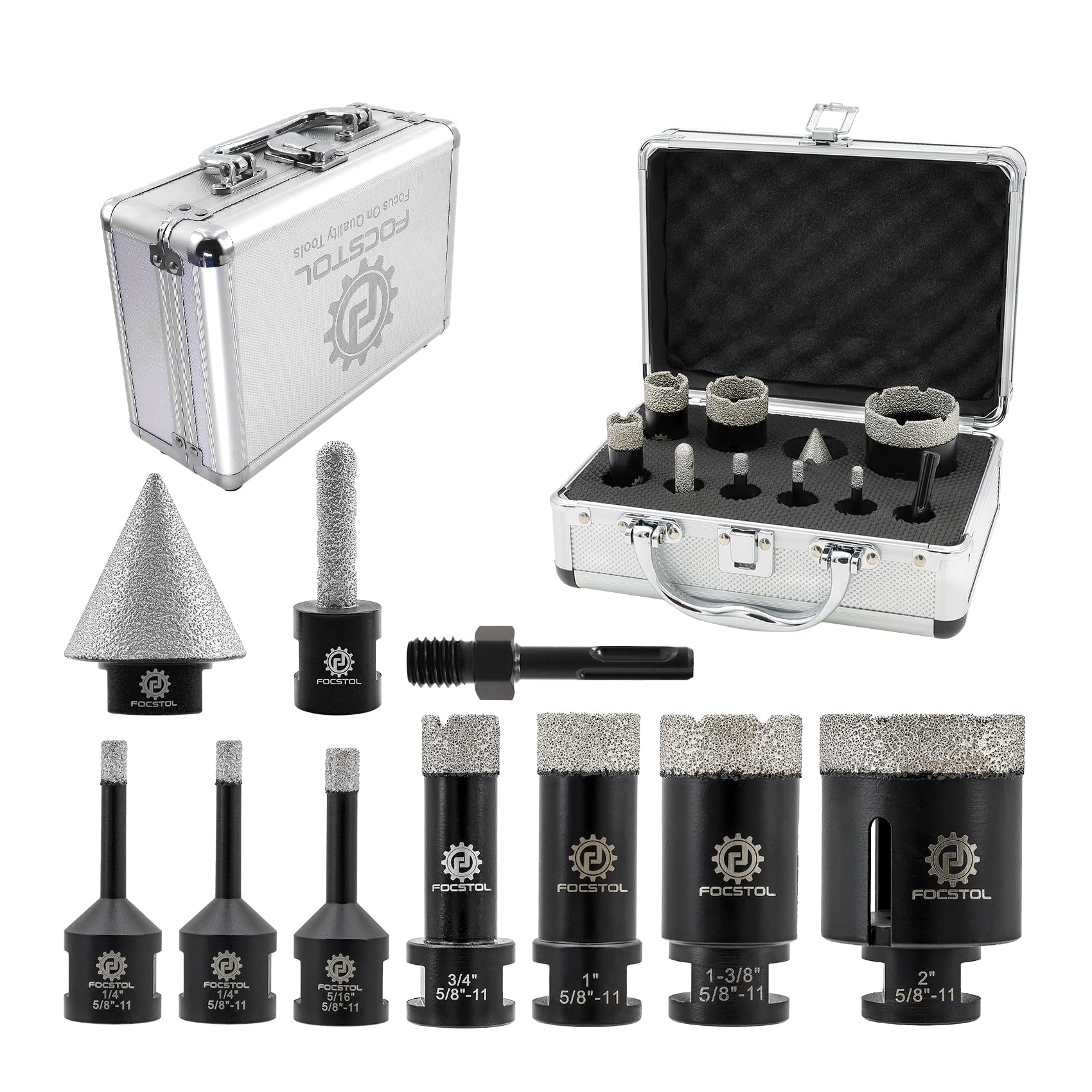 Diamond Core Drill Bits Set - FOCSTOL 10pcs (6/6/8/19/25/35/51mm+10mm Finger Bit+35mm Beveling Chamfer Bit+SDS Adapter) Diamond Hole Saw Kit for Porcelain Ceramic Tile Marble Granite — image 1