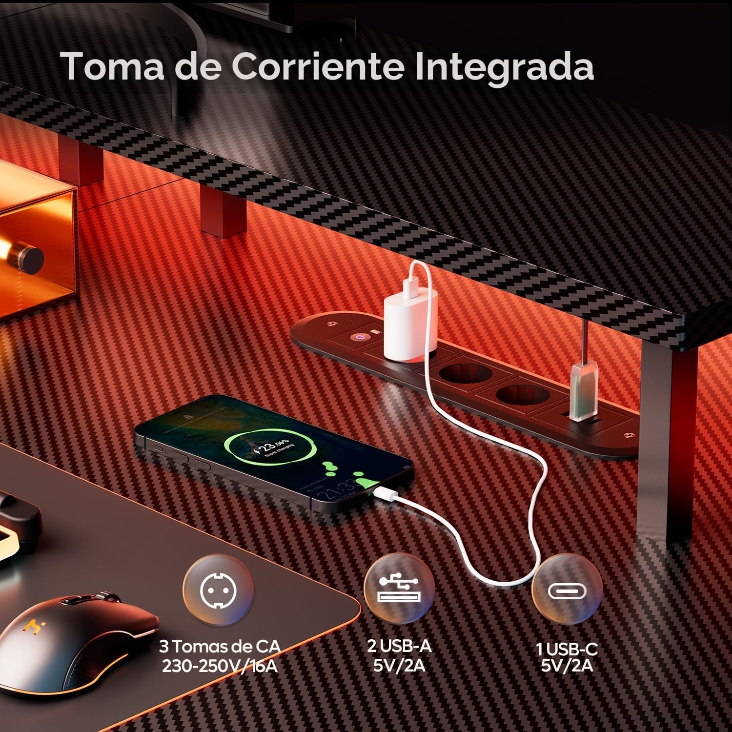 HLFURNIEU Mesa Gaming LED 140 x 60 cm, Escritorio Gaming con Enchufes & Puertos USB, Mesa Gamer con Soporte para Monitor, Portavasos y Gancho para Auriculares, Superficie de Fibra de Carbono, Negro