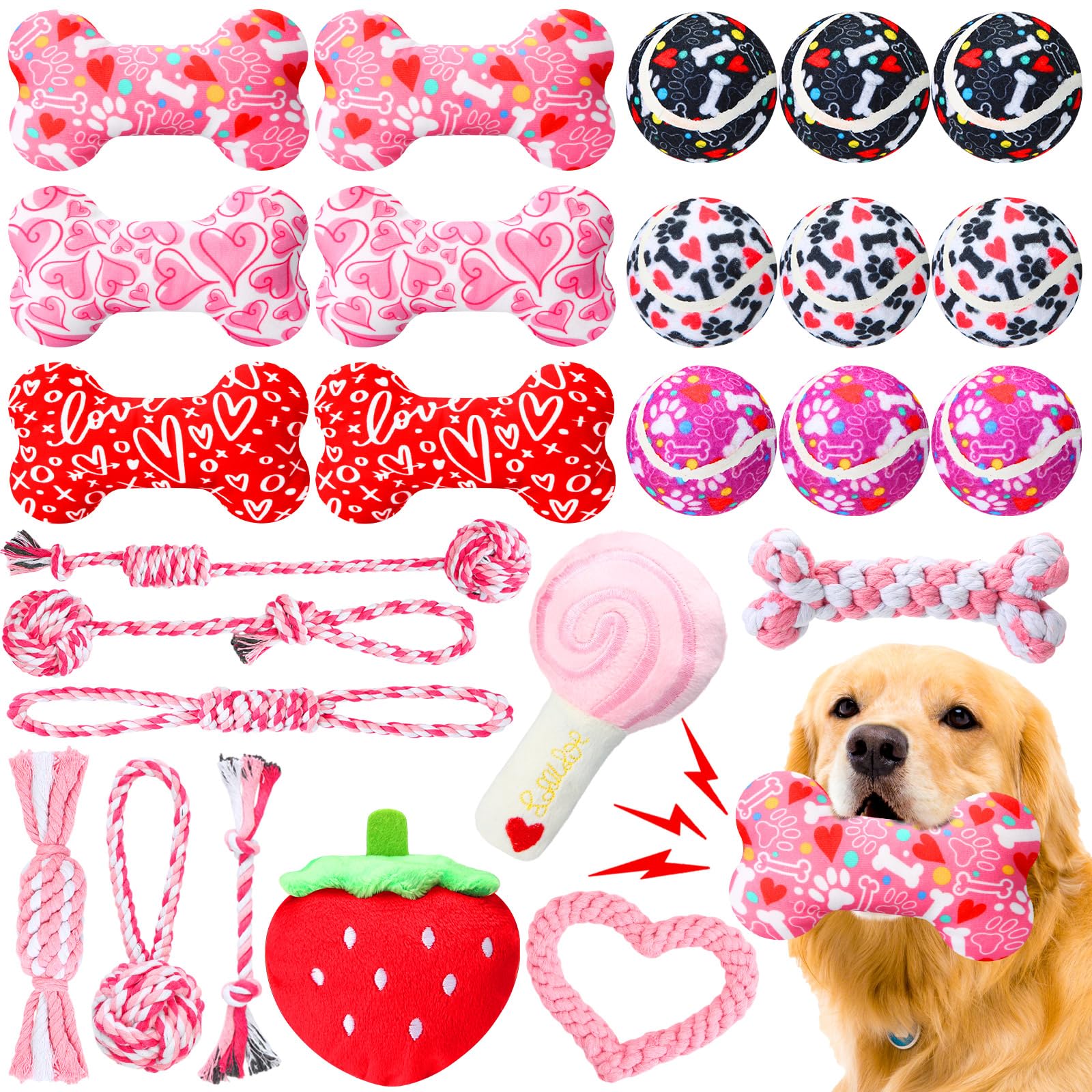 25 Pcs Valentines Dog Toys Set Dog Tennis Balls Squeaky Bone Toys Dog Rope Toys Plush Dog Toys
