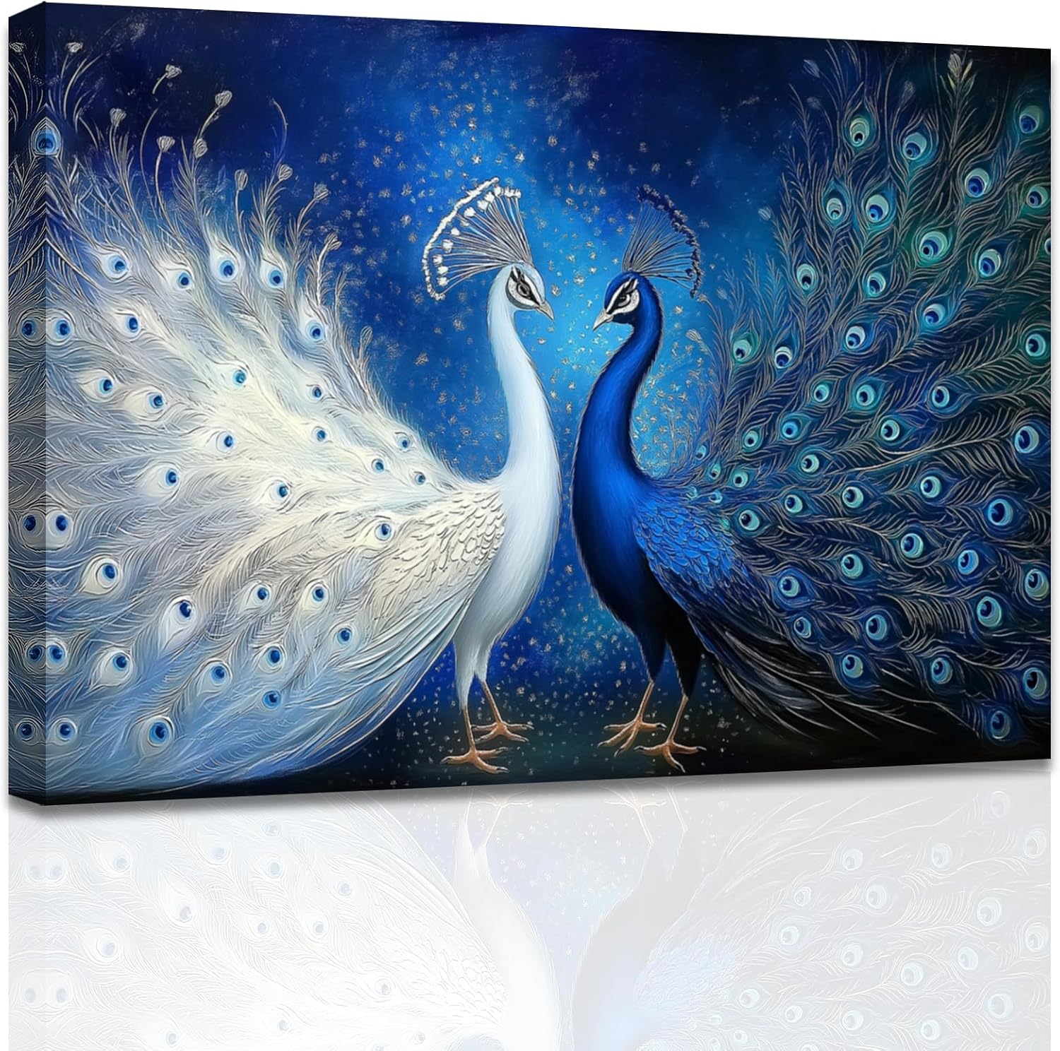 AWPANERAR Peacock Canvas Wall Art Blue and White Peacock Feather Pictures Print Elegant Animal Couple Painting Love Theme Poster Romantic Bedroom Decor Framed (16L x 24W)