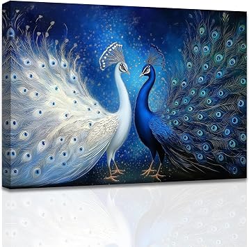 AWPANERAR Peacock Canvas Wall Art Blue and White Peacock Feather Pictures Print Elegant Animal Couple Painting Love Theme Poster Romantic Bedroom Decor Framed 12L x 18W