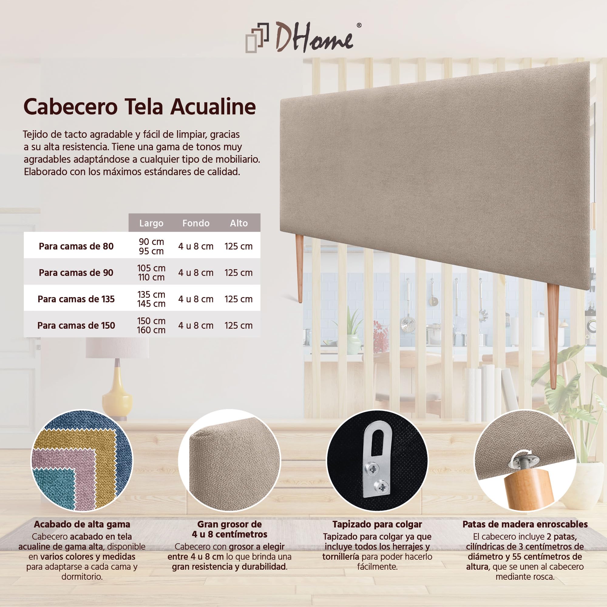 DHOME Tête de Lit Capitonnée Unie en Tissu Aqualine avec Pieds Hauteur 70CM Épaisseur 4cm et 8cm pour Mur Acoustique Têtes de Lit Tête Absorbante Lit Chambre (Tissu Beige, 150cm, Épaisseur 4cm)